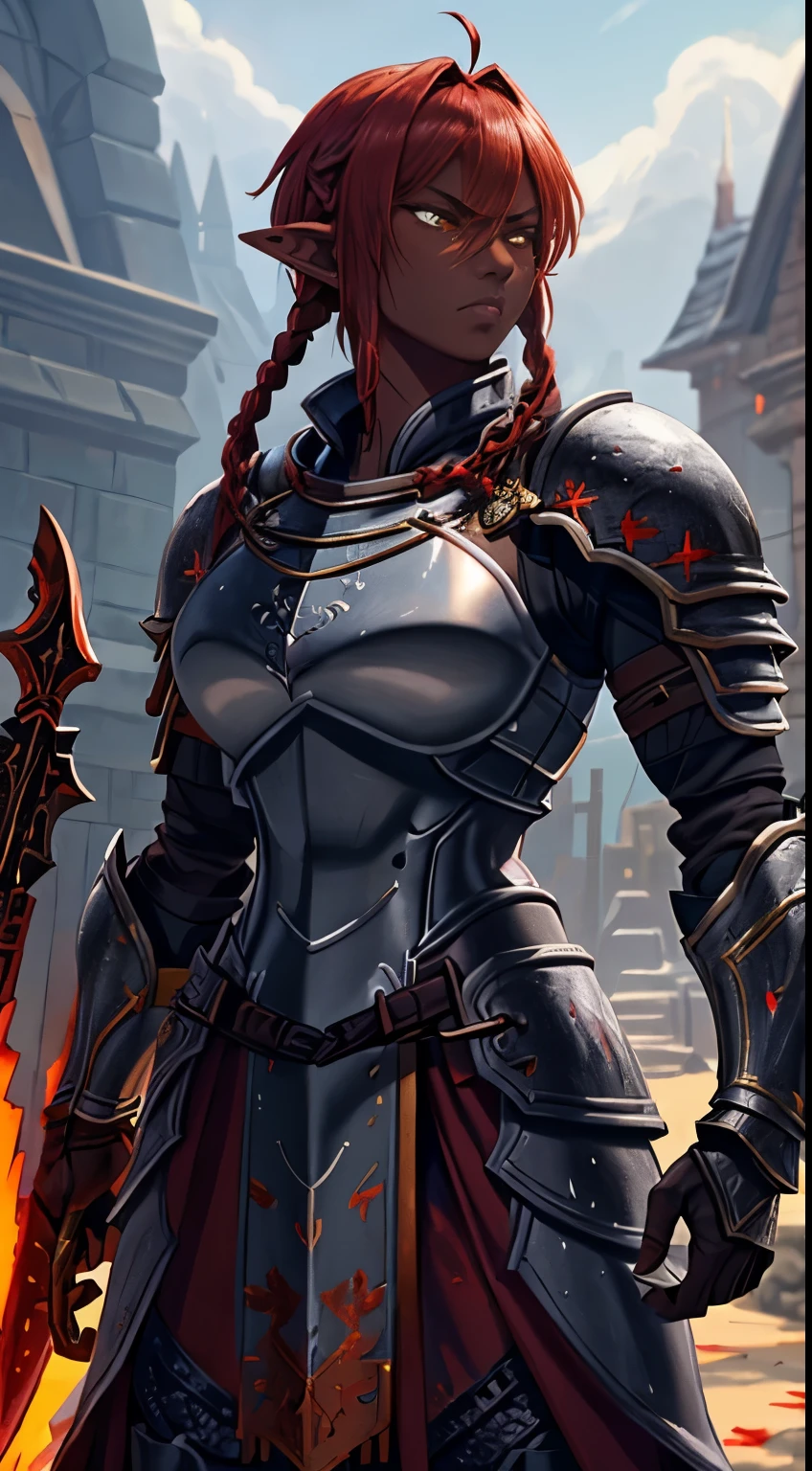 SpasArmor   , 1 Woman, (Red hair), reverse bob hairstyle, short hair, ((dark skin:1.4)), elf, (yellow eyes), ((twin_low_braids)), ((scar over left eye)), smaller breasts ,pants, (muscular:1.2), tall:1.6, angry, scowling, (heavy armor), plate armor, chain mail sleeves, chain mail skirt, flat breastplate, steel armor with gold trim, ((holding sword and shield)),(( large arrow shaped shield)), battle pose,  (red tabard), ((bloodstained clothes)), gray pants, looking at viewer, (gray fur cloak),  night , starlight , castle,