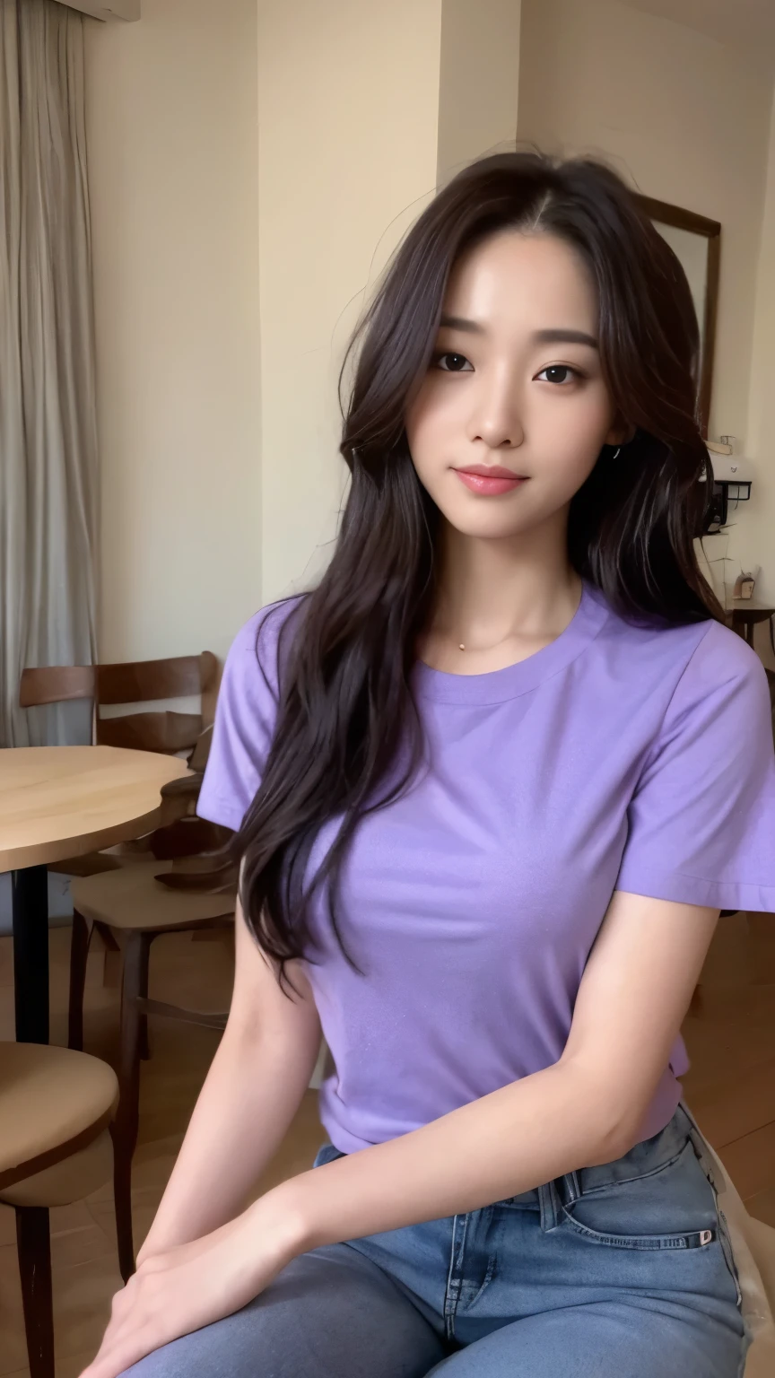 ((top-quality、8k、masterpiece:1.3))、Beautiful woman with perfect body:1.4、slim abdomen:1.2、Longhair, normal breast, Highly detailed facial and skin texture, A detailed eye, delicate eyes, double eyelid, (smile), (full body shot), ((cafe)), (sitting on chair), (((wearing purple t-shirt with long pants))), looking in front