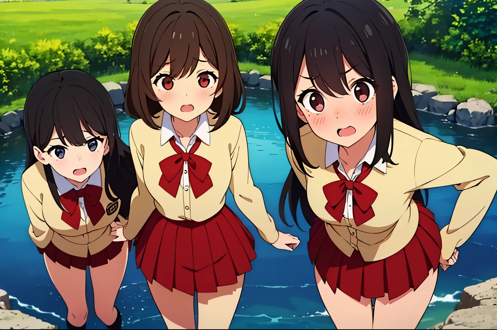 (Three Women:1.5) ,dark brown hair,black hair,(nose blush:1.7) ,surprised,open your mouth,(school uniform),(Panties are fully visible:1.7),(extremely high quality),(red mini skirt),nature,Playing in the river,In the mountains,(big droopy eyes:1.5),(round eyes:1.5),Shiny legs, thighs,cute face,(From above),tall