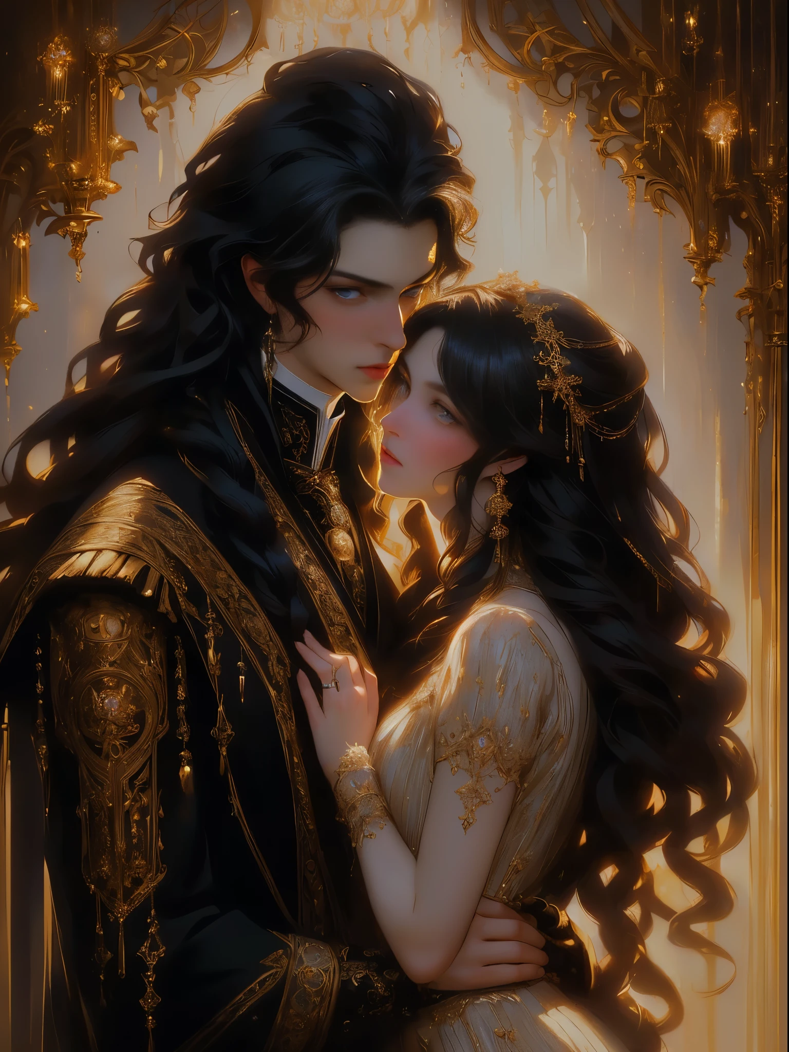 ((masterpieces)), best quality, exceptional illustration, a couple kissing, soft focus, 1 boy with short black hair, BLUE EYES, 1 girl with long wavy red hair, GOLDEN YELLOW EYES, Victorian clothing, Victorian romanticism, opulent and exquisite atmosphere, soft light and warm lighting.