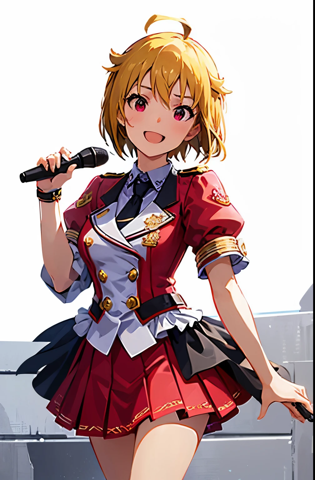 tsubasa ibuki (million live), 1 girl, Solo, Cute Girl, Best Quality, Ultra-detailed, 8K, High resolution, (((face focus:1.3))), Detailed face, singing on the stage, holding a microphone, smile, happy, opened mouth, reach out a hand for viewer, Bob Hair, ((sweat)), ((idol costume:1.2, red and white jacket with blue shoulder loops, short sleeves, black necktie, black belt on her waist, blue skirt, pleated skirt)),