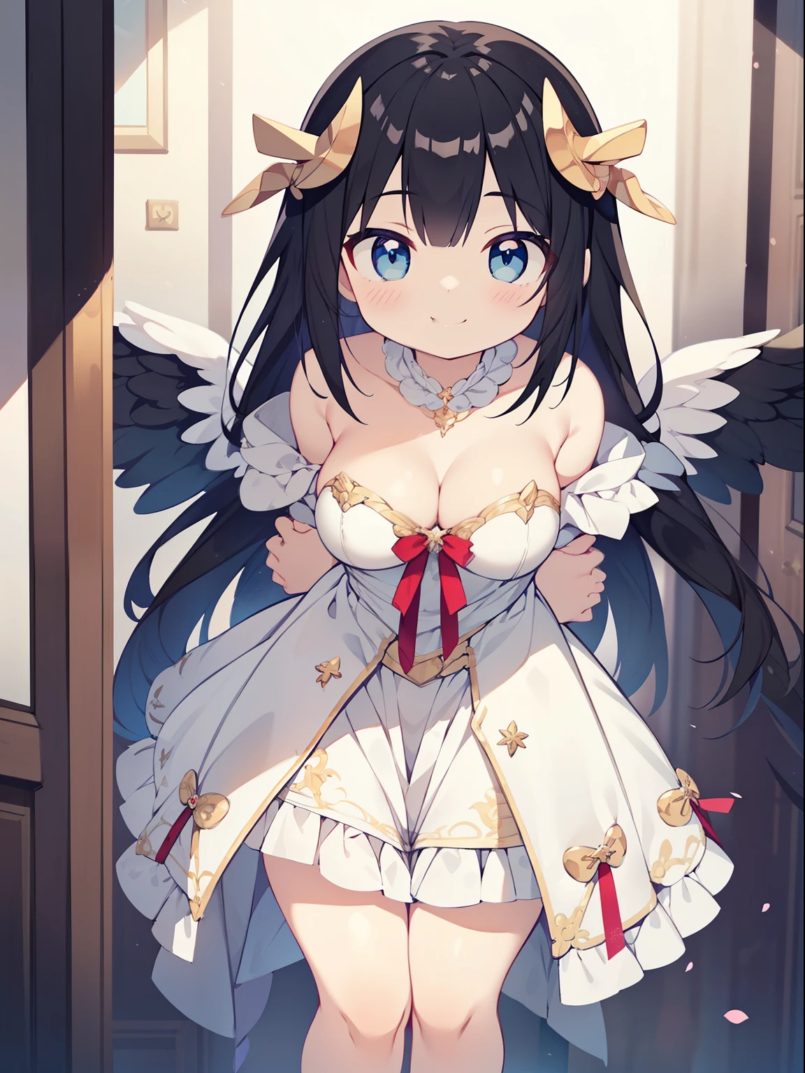 (angel girl:1.2), (1 person:1.2),(10 year old girl)、young girl、big breasts、 nffsw、shader、highly detailed eyes、big breasts、loose and fluffy long hair,,、side boob、Glossy cleavage、black hair、angel wings、silky hair、Angel attire(White thin fabric、plain colors、mini skirt、plain colorsのシルク手袋)、very complex eye pupil、highest quality、bright colors、Bust 100、rests、Standing picture of the game、Stirring composition、Composition looking up from below、Lift your with your hands、Pose that emphasizes the chest、fold your arms、grinning expression、eyes half closed、open your mouth、stinky eyes、evil face、Bullish smile、fold your hands behind your back、Hide your hands、evil smile、whole body、美新new、god々new