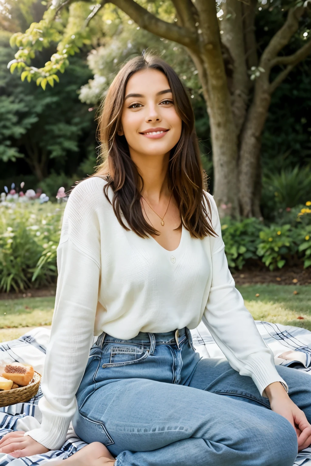 "Create an enchanting image of a leisurely woman relishing the outdoors at an idyllic picnic spot. Sitting gracefully on a checkered blanket, she embodies a carefree spirit in her loose-fitting sweater and comfortable jeans. The tender sunlight casting a golden hue bathes the scene in a serene ambiance, augmenting the woman's aura of comfort and tranquility. Her relaxed demeanor and captivating smile radiate an aura of peace and contentment, inviting spectators to partake in this blissful moment. This masterpiece encapsulates the heart of outdoor serenity and casual elegance, evoking feelings of warmth and scen