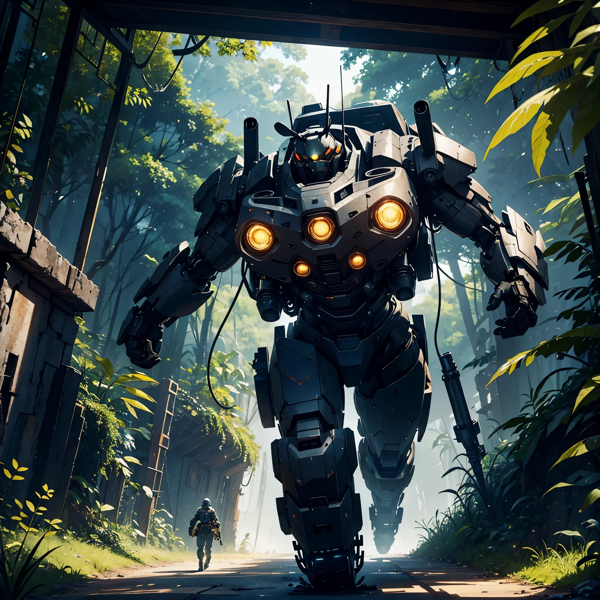 8K、master piece、highest quality、highest level、Highest image quality、muste piece、intricate details、high resolution、depth field、Natural light、professional lighting、A mecha warrior is moving through a tropical jungle in another world.、(Science fiction)、The height of the mech warrior is a jungle tree々higher than、Metal skeleton and armor parts、It has a reactor on its back、A form composed of curved surfaces、Gatling gun in the right hand、Chainsaw in left hand、The head has an optical camera, sensor, and smoke discharger.、The undercarriage is made to be rugged and sturdy、Dynamic and powerful composition like an action movie、The remains of the enemy&#39;s mechs you fought are scattered、