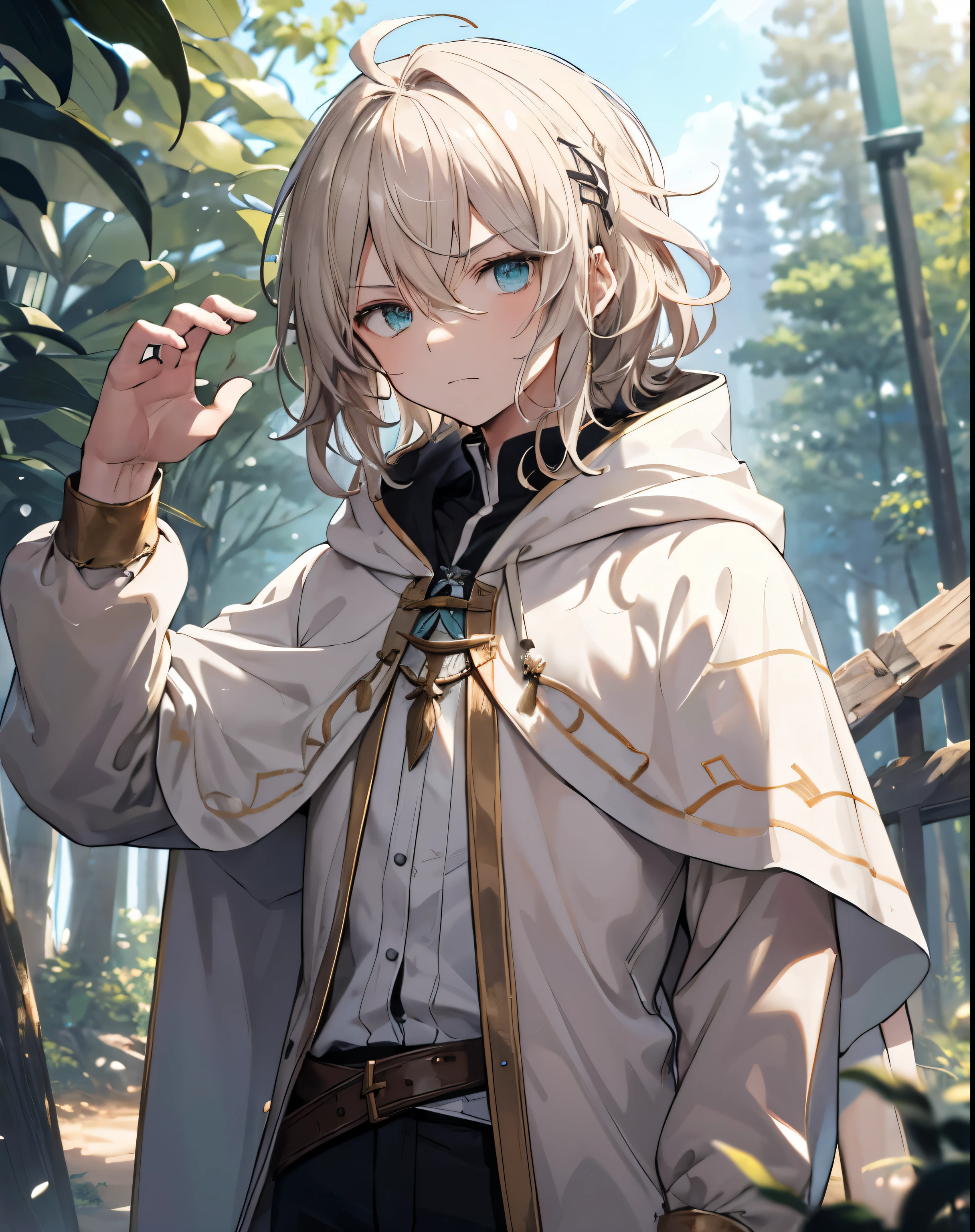 masterpiece, 1men, sparrow, a silver blonde haired men, wearing a medieval villager clothes, curly medium hair, messy hair, slim body, wearing golden capelet with white hoody, he close her left eye, shirt ornament, angry expression,  aqua eyes, stand at forest, ahoge, he wearing her hoody, 