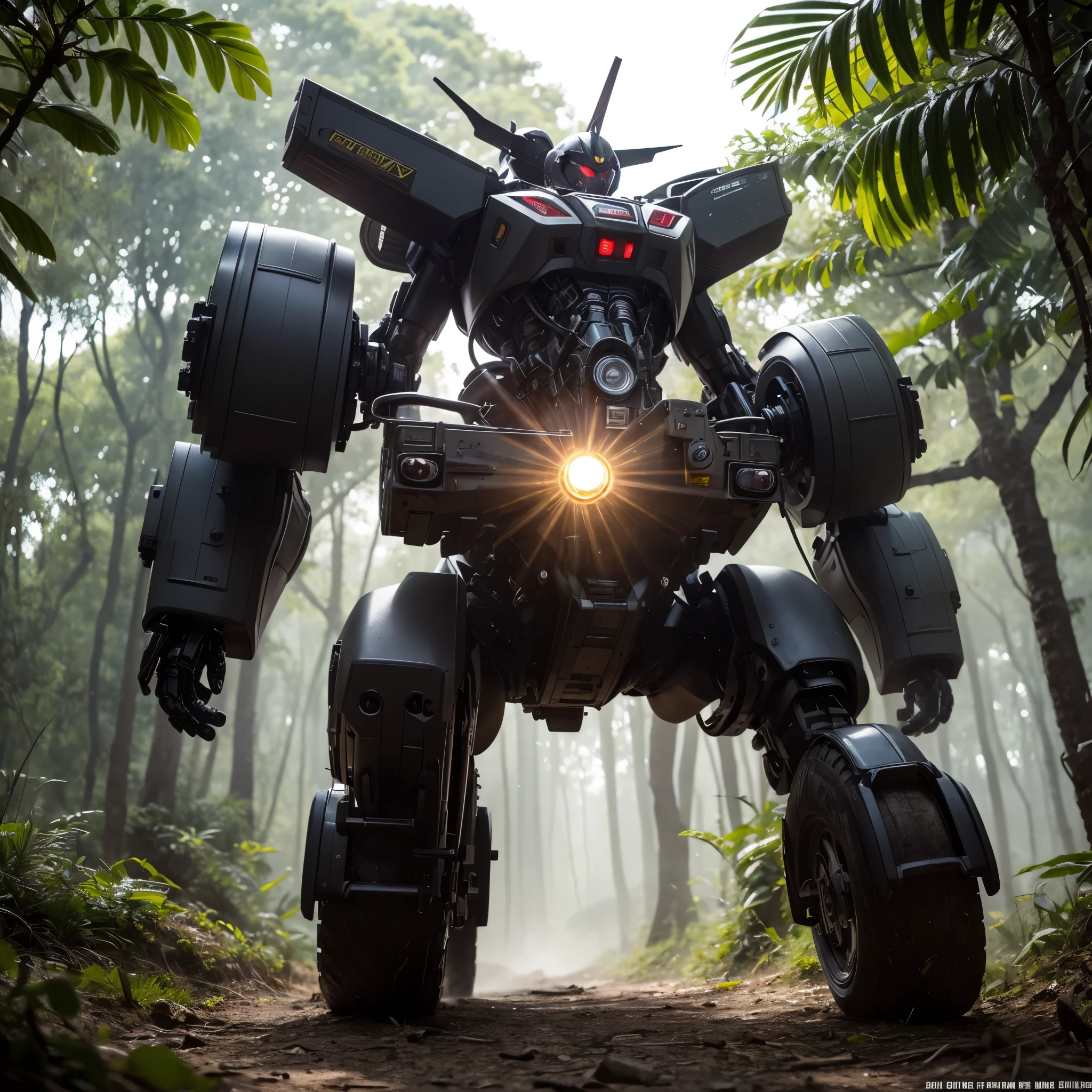 8K、master piece、highest quality、highest level、Highest image quality、muste piece、intricate details、high resolution、depth field、Natural light、professional lighting、A mecha warrior is moving through a tropical jungle in another world.、(Science fiction)、The height of the mech warrior is a jungle tree々higher than、Metal skeleton and armor parts、It has a reactor on its back、A form composed of curved surfaces、Gatling gun in the right hand、Chainsaw in left hand、The head has an optical camera, sensor, and smoke discharger.、The undercarriage is made to be rugged and sturdy、Dynamic and powerful composition like an action movie、The remains of the enemy&#39;s mechs you fought are scattered、