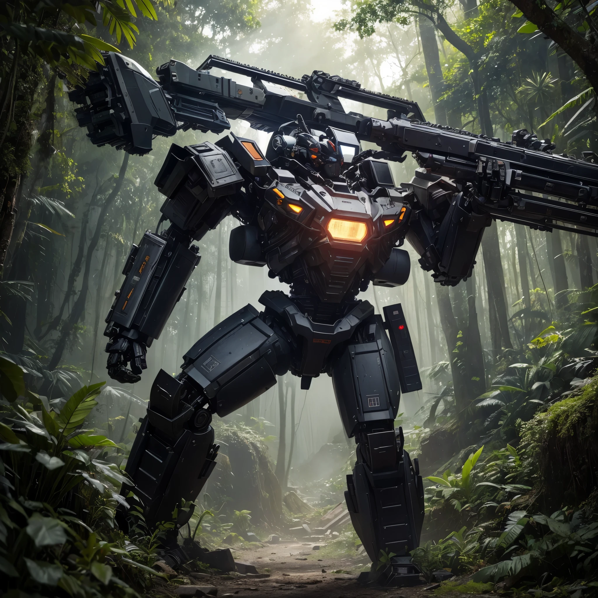 8K、master piece、highest quality、highest level、Highest image quality、muste piece、intricate details、high resolution、depth field、Natural light、professional lighting、A mecha warrior is moving through a tropical jungle in another world.、(Science fiction)、The height of the mech warrior is a jungle tree々higher than、Metal skeleton and armor parts、It has a reactor on its back、A form composed of curved surfaces、Gatling gun in the right hand、Chainsaw in left hand、The head has an optical camera, sensor, and smoke discharger.、The undercarriage is made to be rugged and sturdy、Dynamic and powerful composition like an action movie、The remains of the enemy's mechs you fought are scattered、
