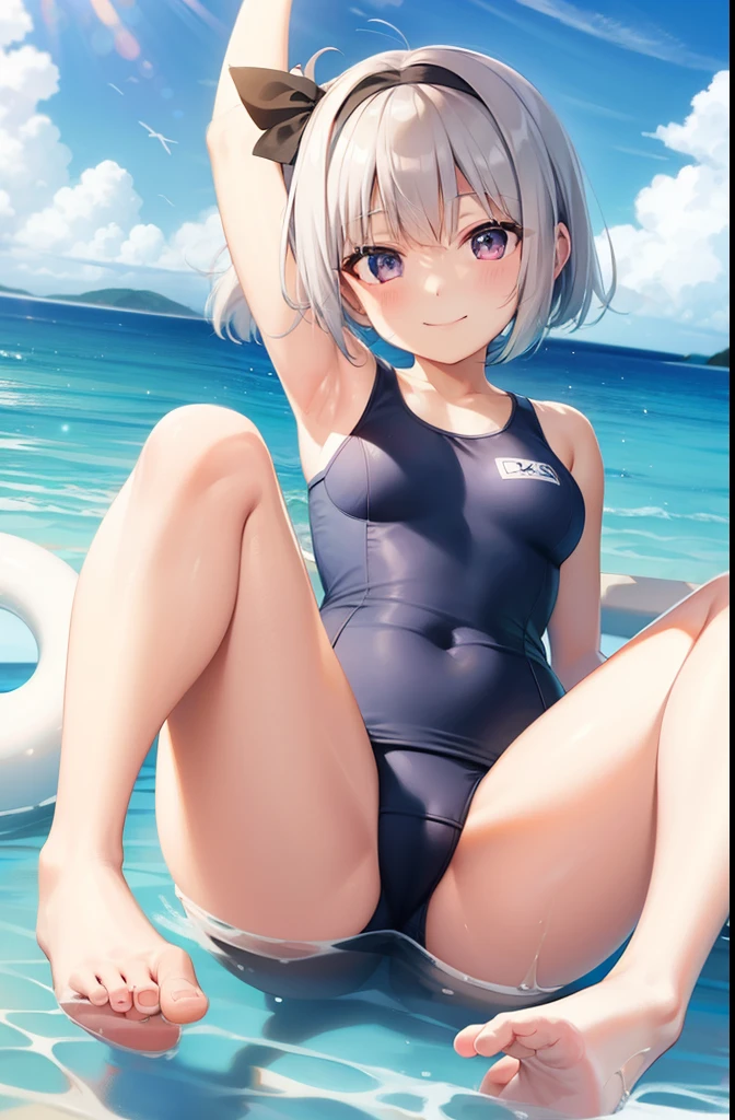 school swimsuit、Youmu、barefoot、smile、Twisting the body