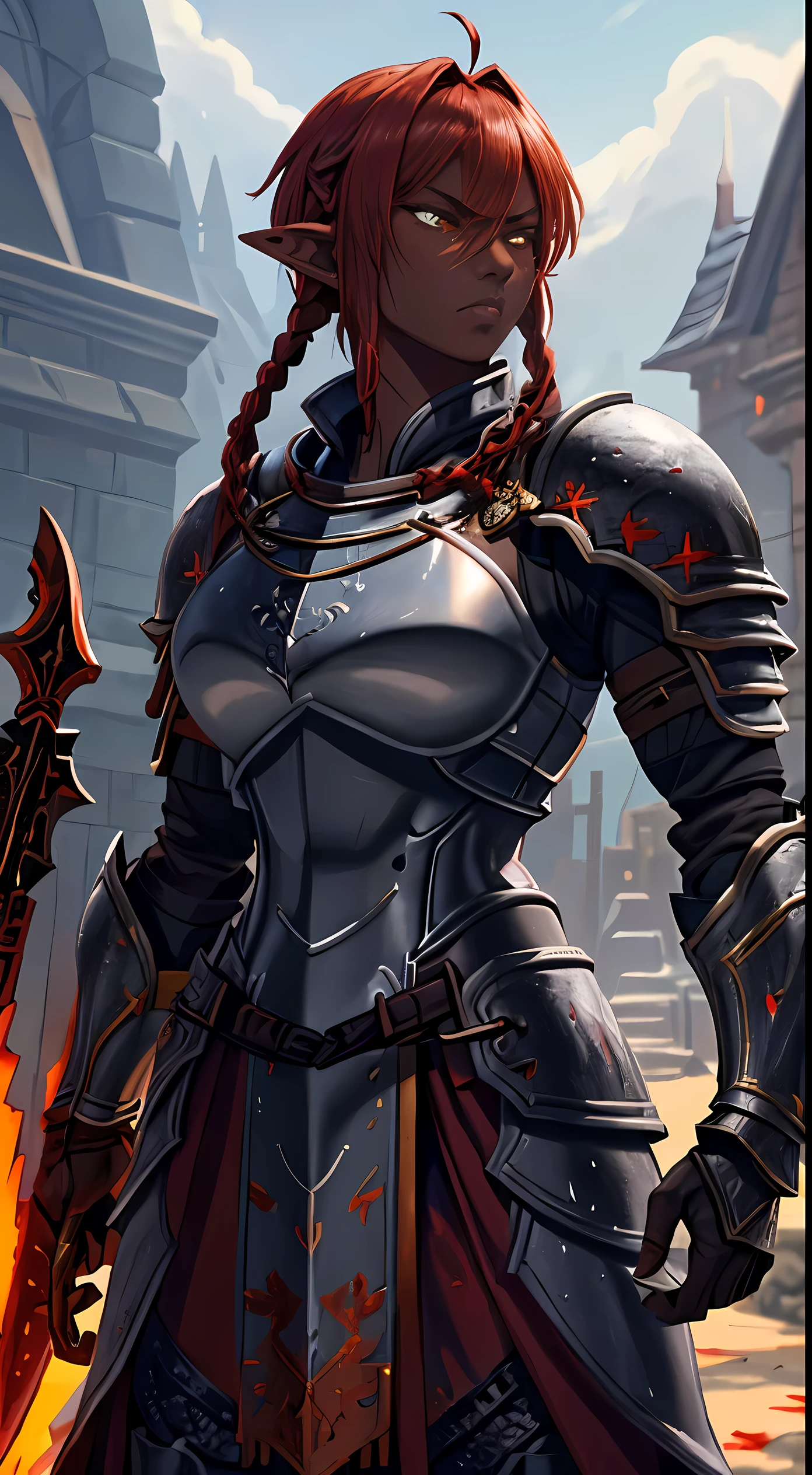 SpasArmor   , 1 Woman, (Red hair), reverse bob hairstyle, short hair, ((dark skin:1.4)), elf, (yellow eyes), ((twin_low_braids)), ((scar over left eye)), smaller breasts ,pants, (muscular:1.2), tall:1.6, angry, scowling, (heavy armor), plate armor, chain mail sleeves, chain mail skirt, flat breastplate, steel armor with gold trim, ((holding sword and shield)),(( large arrow shaped shield)), battle pose,  (red tabard), ((bloodstained clothes)), gray pants, looking at viewer, (gray fur cloak),  night , starlight , castle,