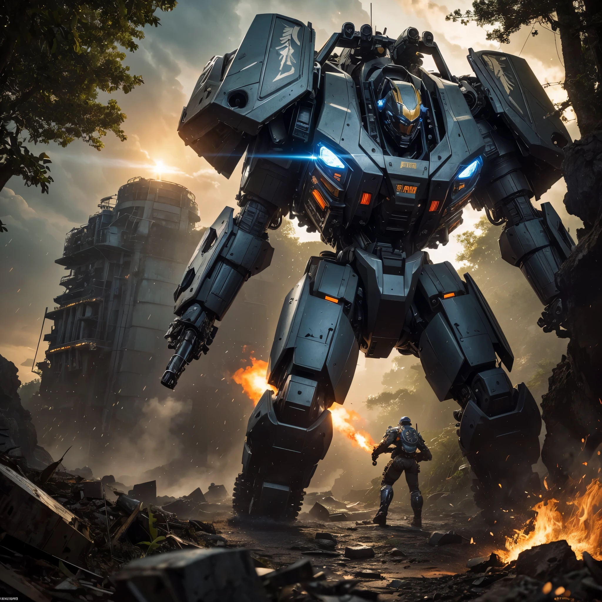 8K、master piece、highest quality、highest level、Highest image quality、muste piece、intricate details、high resolution、depth field、Natural light、professional lighting、A mecha warrior is moving through a tropical jungle in another world.、(Science fiction)、The height of the mech warrior is a jungle tree々higher than、Metal skeleton and armor parts、It has a reactor on its back、A form composed of curved surfaces、((Gatling gun in the right hand))、((Chainsaw in left hand))、(The head has an optical camera, sensor, and smoke discharger.)、The undercarriage is made to be rugged and sturdy、Dynamic and powerful composition like an action movie、The remains of the enemy&#39;s mechs you fought are scattered、A huge aerial battleship overhead is firing.、