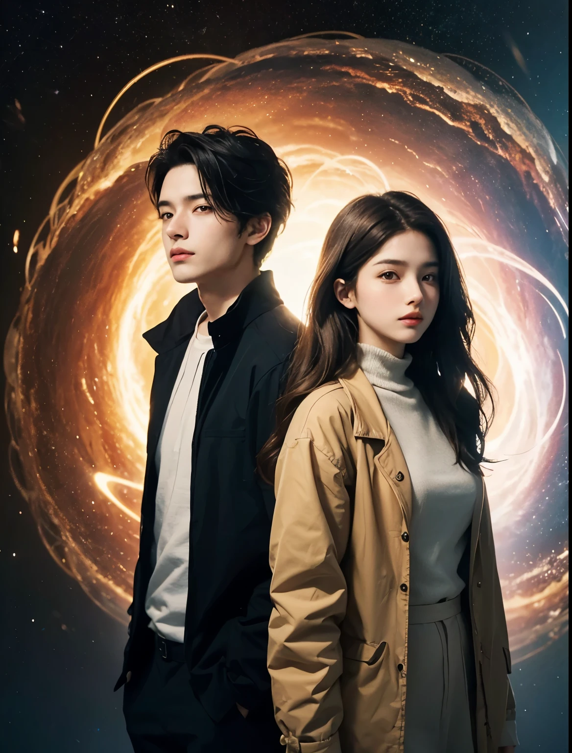 A man and a woman are standing side by side. Both have beautiful features. He is 18 years old. The man has black hair. The woman has light brown hair. Both are dressed in modern clothing. In the background of the two is an image of a wormhole. 8K image quality.