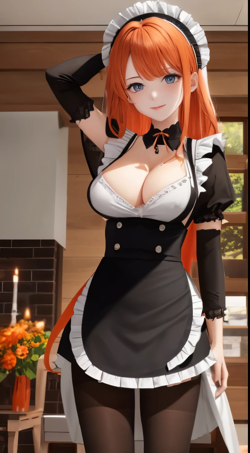 /draw apron orange_hair green_eyes breasts breasts_out couch dress female frills gloves highres koruse large_breasts long_hair looking_at_viewer lying maid maid_apron maid_headdress no_panties original solo gloves black pantyhose lifts her skirt and shows her ass in pantyhose HD UHD HQ