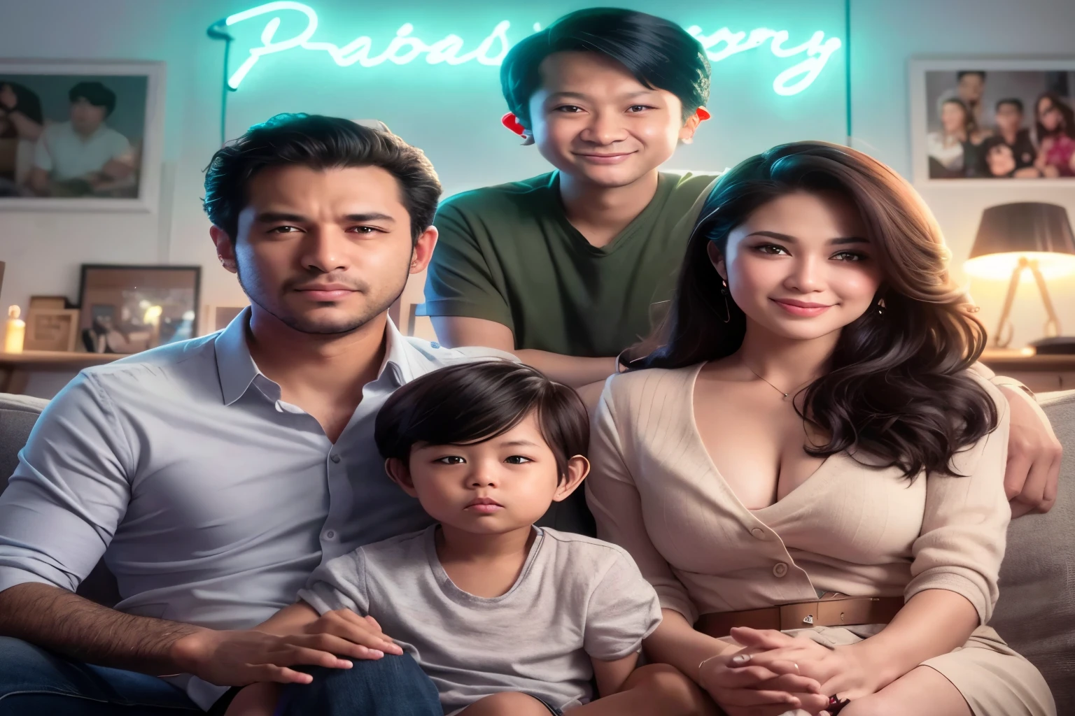 arafed family sitting on a couch in a living room with a neon sign, family portrait, official fanart, an indonesian family portrait, happy family, fanart, promotional art, official illustration, official artwork, movie promotional image, potrait, advertising photo, official poster, portrait, portrait shot, by Eddie Mendoza, tithi luadthong, photo portrait, family photo