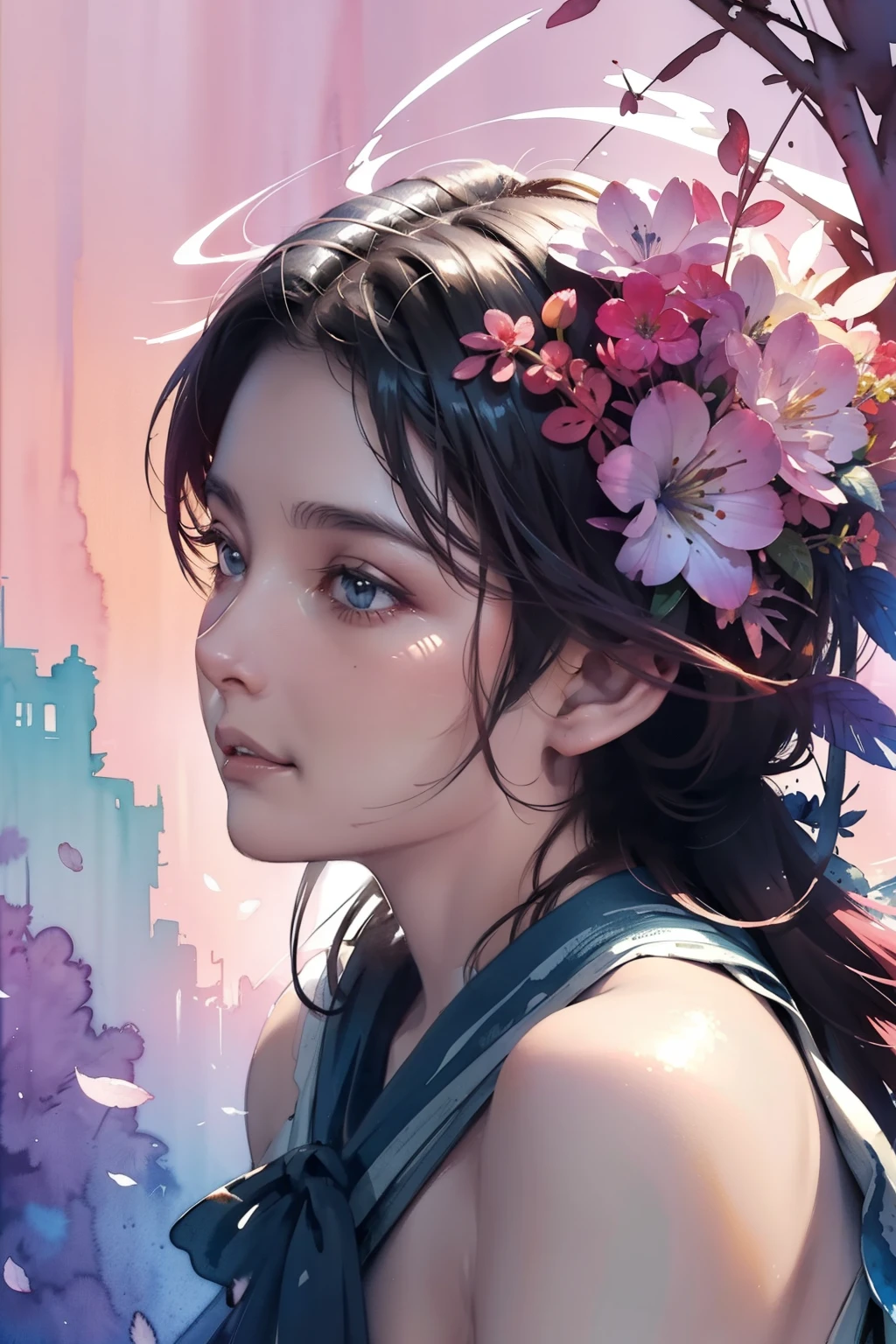1 girl,flower, Platycodon ,light pink和浅蓝色的风格, Fantasy and romantic works, light pink, ethereal leaves, Interesting arrangement,fantasy, high contrast, ink strokes, explode, overexposure, Impressions of purple and red tones , Abstract, ((Watercolors by John Berkey and Jeremy Mann )) brush strokes, negative space