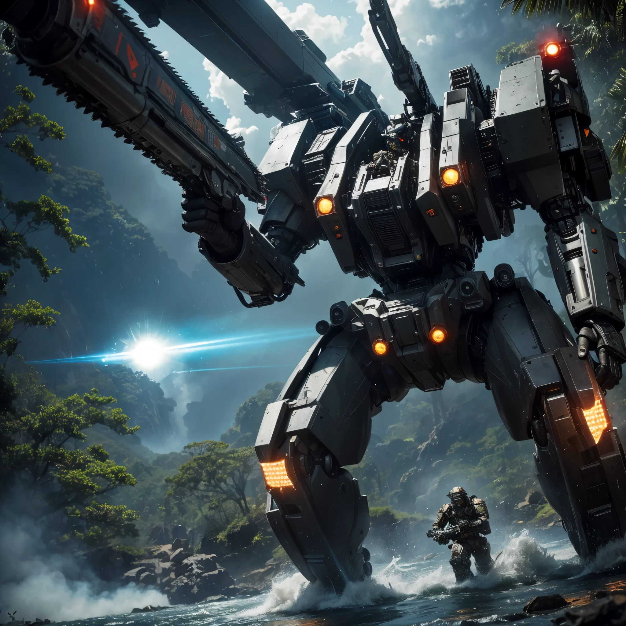 8K、master piece、highest quality、highest level、Highest image quality、muste piece、intricate details、high resolution、depth field、Natural light、professional lighting、A mecha warrior is moving through a tropical jungle in another world.、crossing the river、(Science fiction)、The height of the mech warrior is a jungle tree々higher than、Metal skeleton and armor parts、It has a reactor on its back、A form composed of curved surfaces、((Gatling gun in the right hand))、((Chainsaw in left hand))、(The head has an optical camera, sensor, and smoke discharger.)、The undercarriage is made to be rugged and sturdy、Dynamic and powerful composition like an action movie、The remains of the enemy&#39;s mechs you fought are scattered、A huge aerial battleship overhead is firing.、