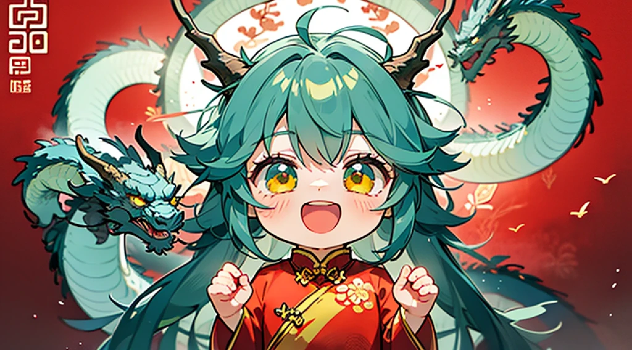girl, chibi, (green hair), yellow eyes, detailed beautiful face and glowing eyes, happy, happy face, (new year), ((chinese dragon)), red background,dress,chinese clothes,red dress,china dress, 8k, ultra detail, very complicated background, swaying hair