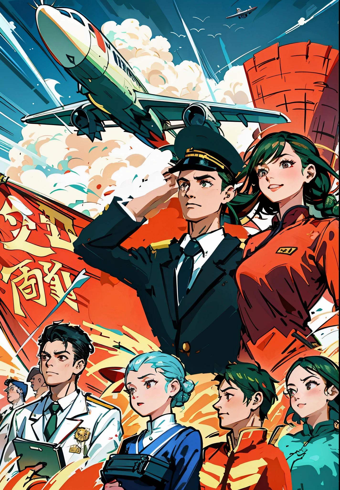 (masterpiece), (best quality), (Exquisite details), Poster, Chinese , Wide-angle lens, a group of people, Chinese 微笑, civilian, Coveralls, firm expression, Half-naked arms, passing flyer, gear, and passenger plane sky, Chinese Red Flag, (Red) Flag with gear and Wheat Print, city View, architecture, High-speed rail trains, manifesto, Chinese,