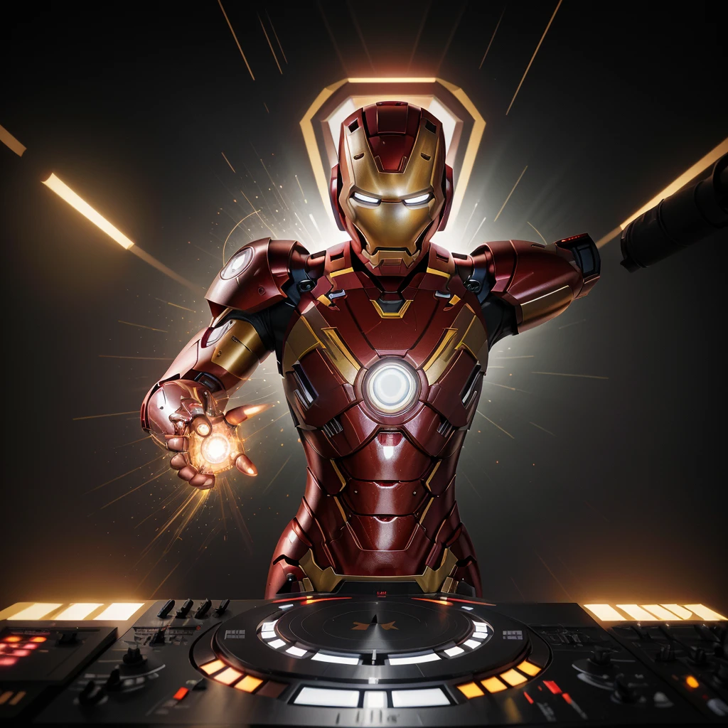 iron man cartoon realism style, t-shirt design, centered art, 2D vector, animated coming out of the wall, of dj with headphones playing on pioneer controller, party atmosphere full of people joy, black background, Adobe Illustration, Trending on Artstation, hd, 8K, intricate details, sunglasses, ,Luminosity by REMBRANDT