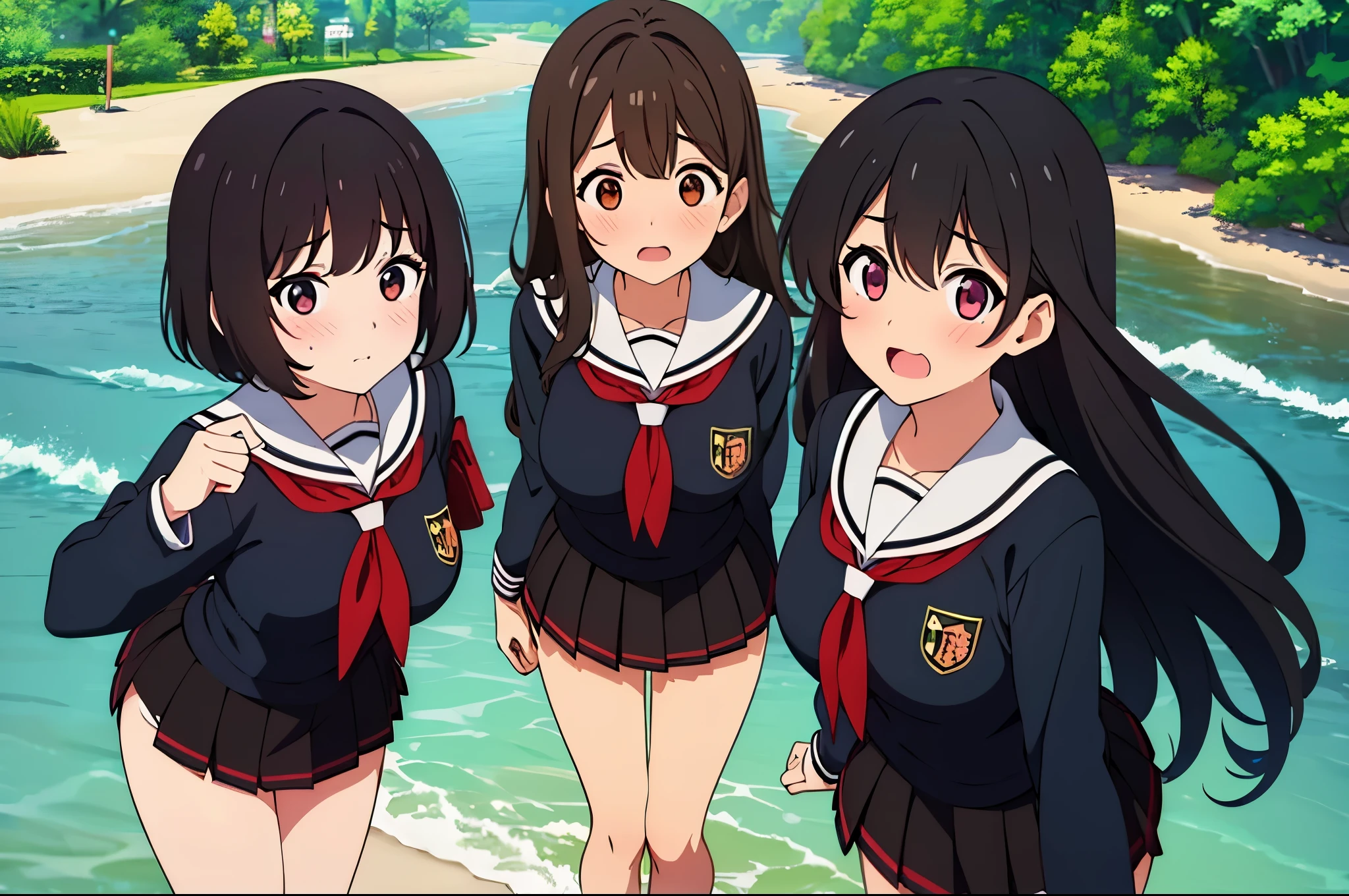 (three women:1.5) ,dark brown hair,black hair,(nose blush:1.7) ,surprised,open your mouth,(school uniform),(Panties are fully visible:1.7),(extremely high quality),(mini skirt),nature,country road,(big droopy eyes:1.5),(round eyes:1.5),Shiny legs, thighs,cute face,(look up from below),tall,night,street light,Crouching,hedge