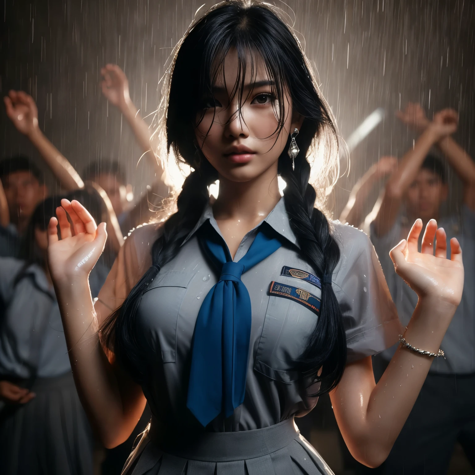 hyper ultra realistic photography, dramatic light, dynamic model pose, full body of beautiful sundanese Indonesian girl, 18 years old, detail face, moist, shiny skin, body full of sweat, long black hair braid hairstyle, wearing wet & tight indonesian high school uniform, cleavage shown, big breast with nipple transparenly show, wear short blue grey skirt, environtment on dramatic light tungsten, HDR10, photo by analog camera Nikon D850 f/16, high detailed, good & perfect anatomy, hand & fingers