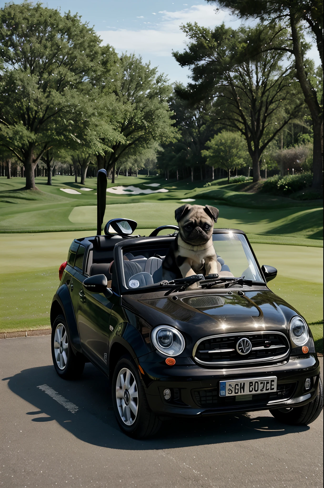 a small pug dog driving a car on a golf course.