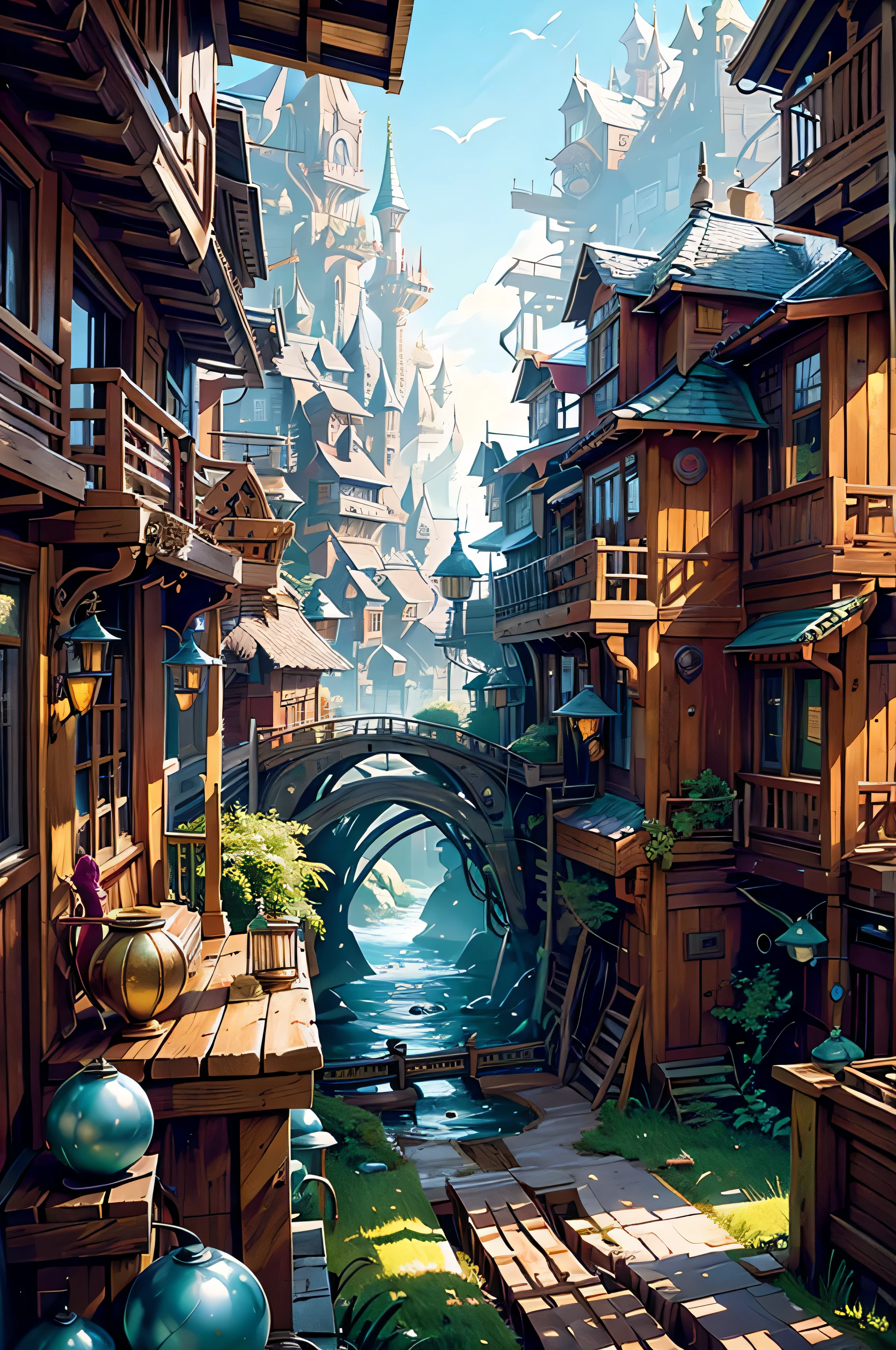 A painting depicting a house in a forest with a river flowing through it..., fantasy tavern background, highly detailed fantasy art, dark fantasy setting, a multidimensional cozy tavern, kerem beyit, tavern background, fantasy setting, cosy enchanted scene, beautiful render of a fairytale, enchanted magical fantasy forest, magical environment, realistic fantasy illustration, very realistic concept art