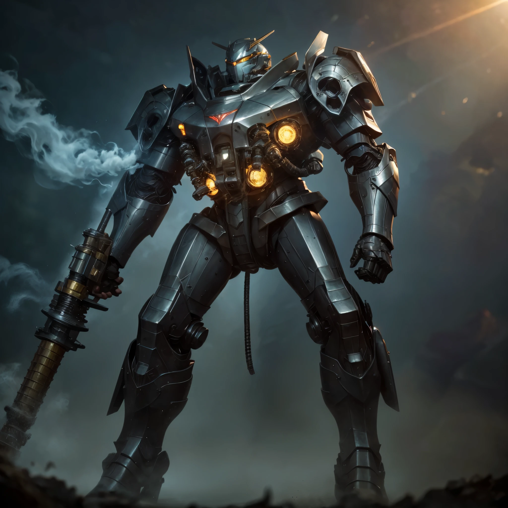8K、master piece、highest quality、highest level、Highest image quality、muste piece、intricate details、high resolution、depth field、Natural light、professional lighting、A mecha warrior is moving through a tropical jungle in another world.、crossing the river、(Science fiction)、The height of the mech warrior is a jungle tree々higher than、Metal skeleton and armor parts、It has a reactor on its back、A form composed of curved surfaces、((Gatling gun in the right hand))、((Chainsaw in left hand))、(The head has an optical camera, sensor, and smoke discharger.)、The undercarriage is made to be rugged and sturdy、Dynamic and powerful composition like an action movie、The remains of the enemy&#39;s mechs you fought are scattered、A huge aerial battleship overhead is firing.、