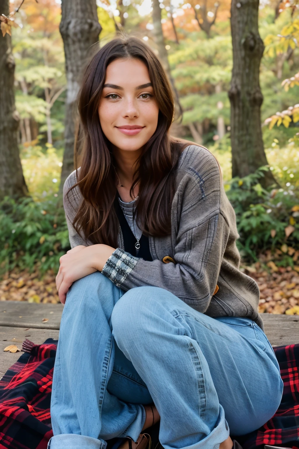 "Craft a charming scene featuring a laid-back woman relishing the beauty of nature at a picturesque picnic area. Seated comfortably on a checkered blanket with intricate patterns, she exudes a carefree vibe in relaxed attire, wearing a loose-fitting sweater with high-resolution texture and comfortable jeans that fit perfectly. With the soft glow of natural sunlight filtering through the trees, the woman's face, detailed with natural freckles and realistic skin texture, radiates cozy vibes amidst the vibrant colors of autumn leaves. Her relaxed posture, arms wrapped around her knees, and warm smile, full of charming character, convey a sense of calm and contentment that