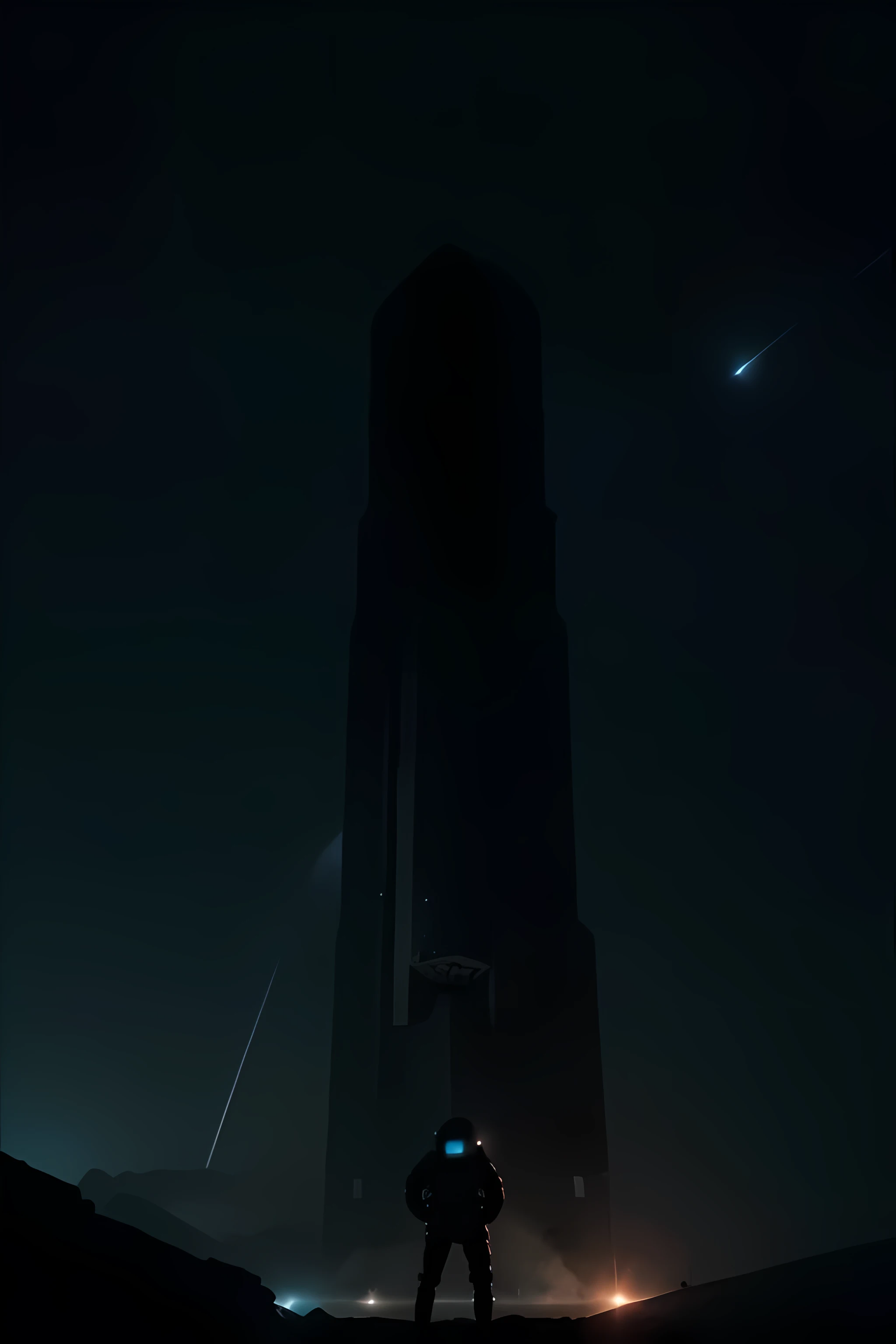 cosmonaut on an alien planet looking for traces. In the background, the space station and the monolith from Kubrik's film: A Space Odyssey. You can see other planets and stars in the sky. Dark and disturbing atmosphere