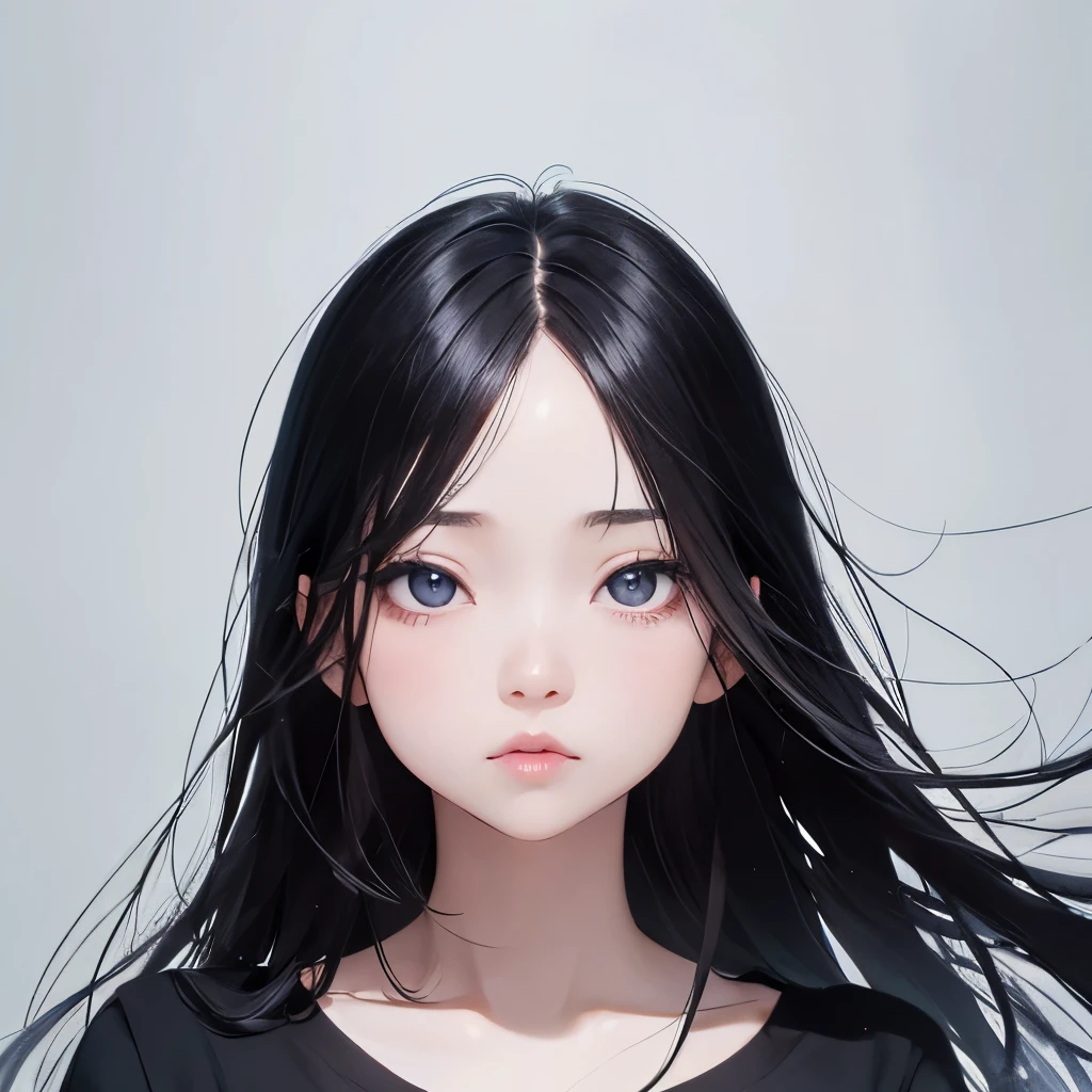 A girl, slanted eyes, black hair, straight hair, baby blue shirt, plump lips, pretty, black eyes, asian, calm, cold, flat, pale, white background, black eyes