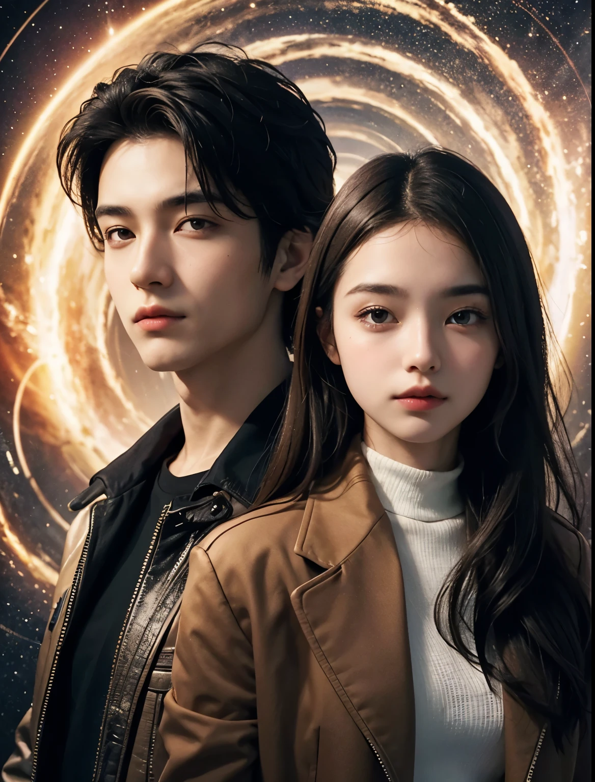 Upper body close-up image.A man and a woman are standing side by side. Both have beautiful features. He is 18 years old. The man has black hair. The woman has light brown hair. Both are dressed in modern clothing. In the background of the two is an image of a wormhole. 8K image quality.