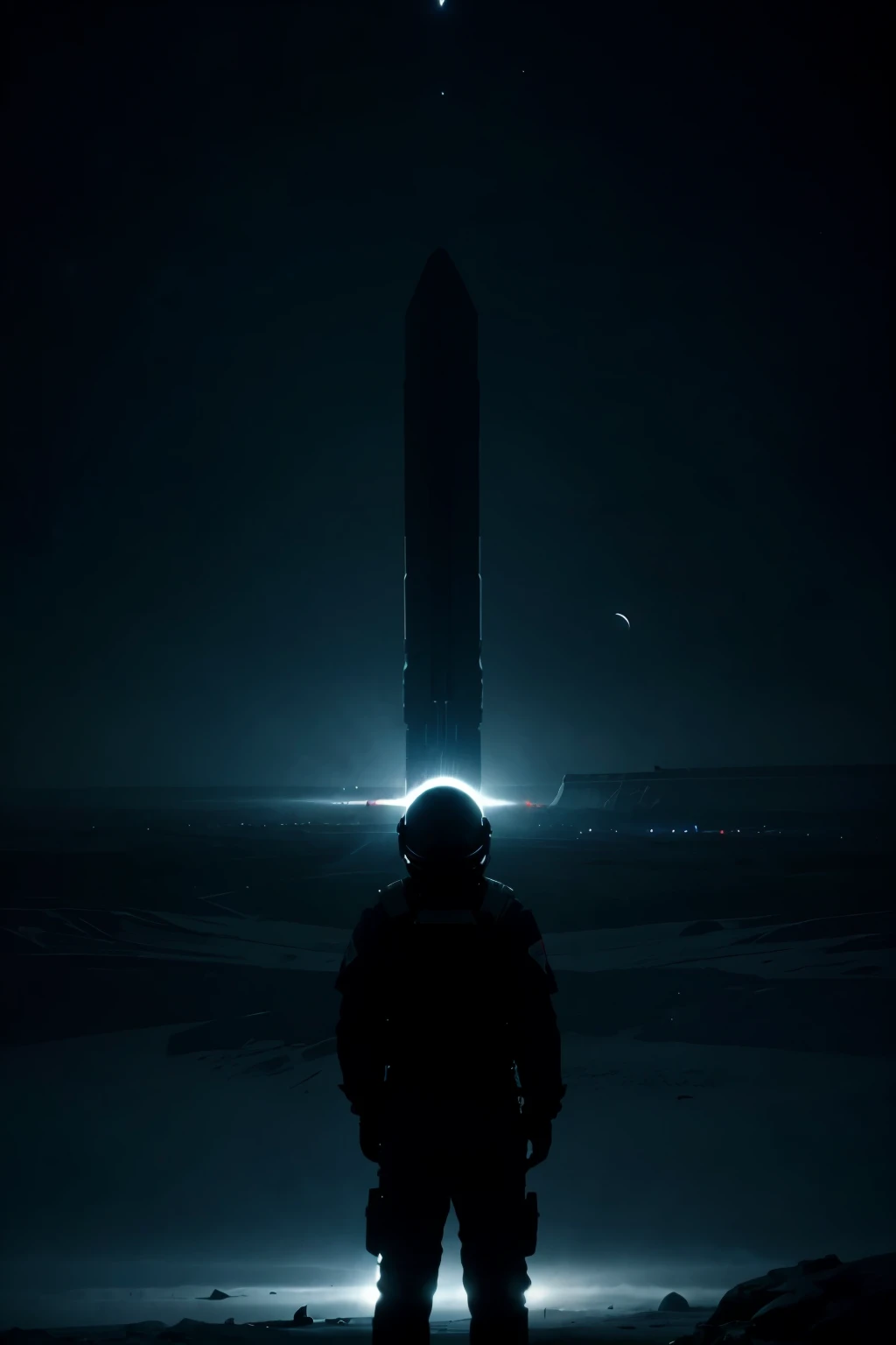 cosmonaut on an alien planet looking for traces. In the background, the space station and the monolith from Kubrik's film: A Space Odyssey. You can see other planets and stars in the sky. Dark and disturbing atmosphere