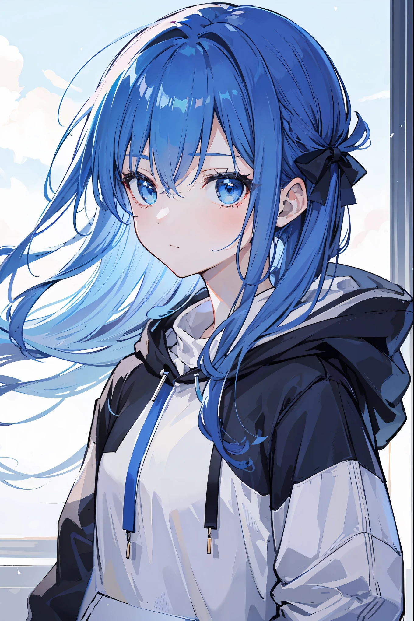 1girl,light blue hair,blue eyes,hair ribbon,blue and white hoodie,winter,looking at viewer,profile picture, Eye-Level Shot