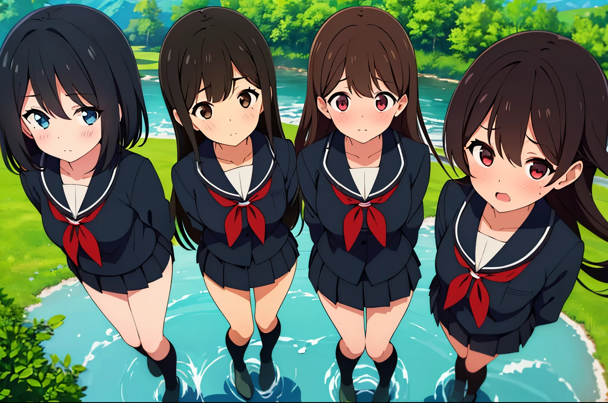 (Three Women:1.5) ,dark brown hair,black hair,(nose blush:1.7) ,surprised,open your mouth,(school uniform),(Panties are fully visible:1.7),(extremely high quality),(red mini skirt),nature,Playing in the river,In the mountains,(big droopy eyes:1.5),(round eyes:1.5),Shiny legs, thighs,cute face,(From above),tall