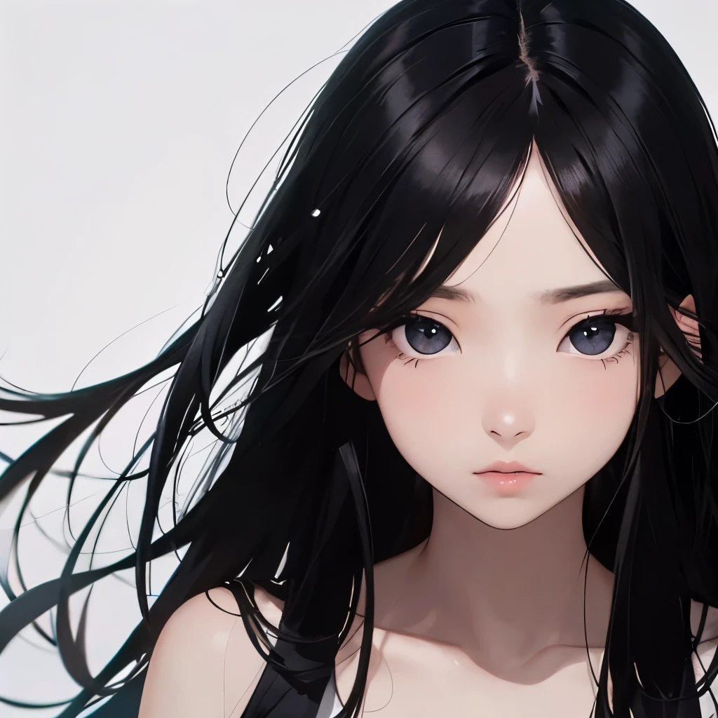 A girl, slanted eyes, black hair, straight hair, plump lips, pretty, black eyes, asian, calm, cold, flat, pale, white background, black eyes, large forehead