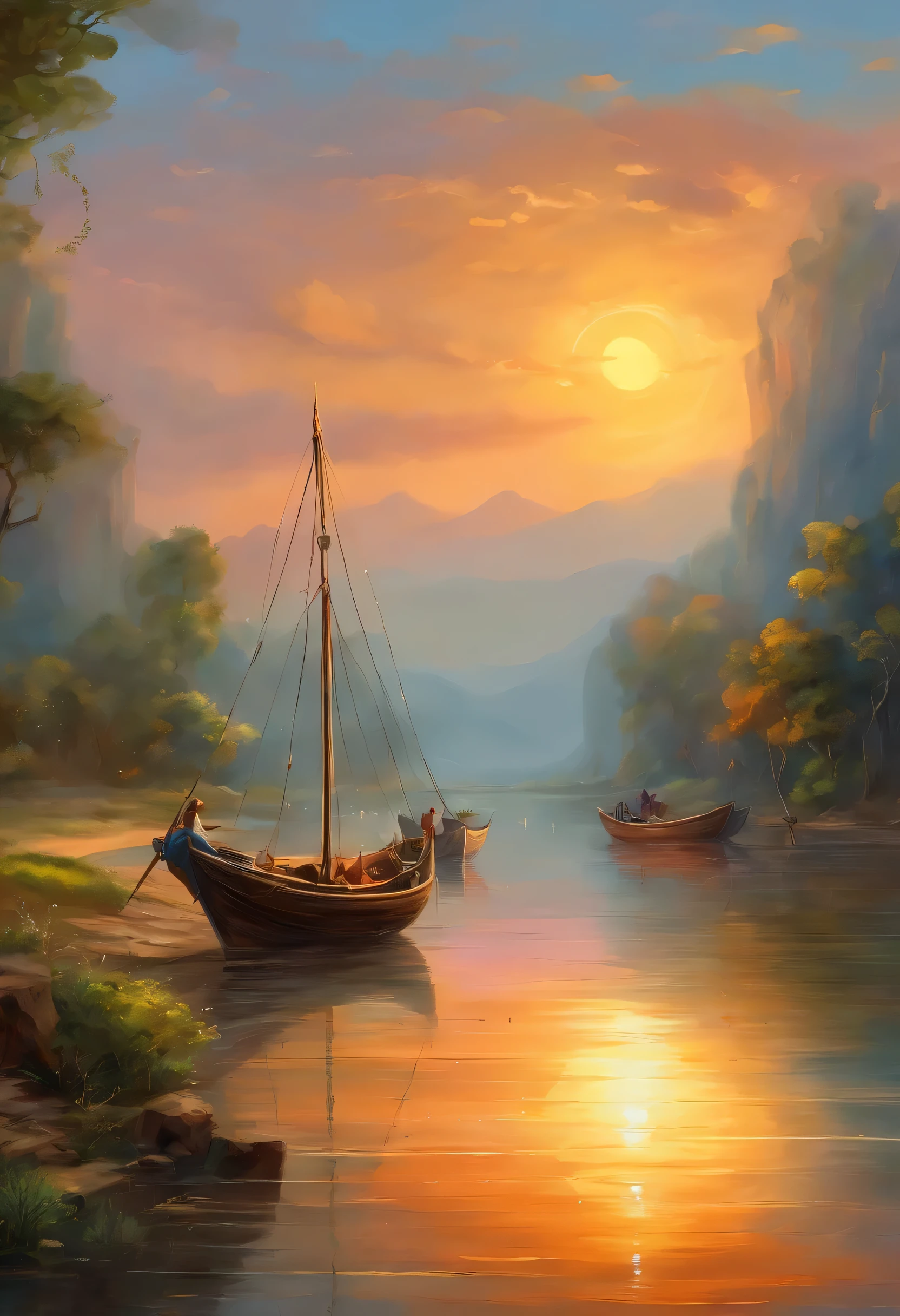 painting of fishermen boats at sunset, several fishermen&#39;s boats anchored in the river and on the sand, reflexo dos barcos no rio calmo e suave, ondas pequenas, Bucolic art, Pintura detalhada 4k, oil painting of a real image, Epic painting, cheio de cores e detalhes ricos, canoas com peixes de pesca, Detailed oil painting in 8K HD, epic surrealism oil painting 8k