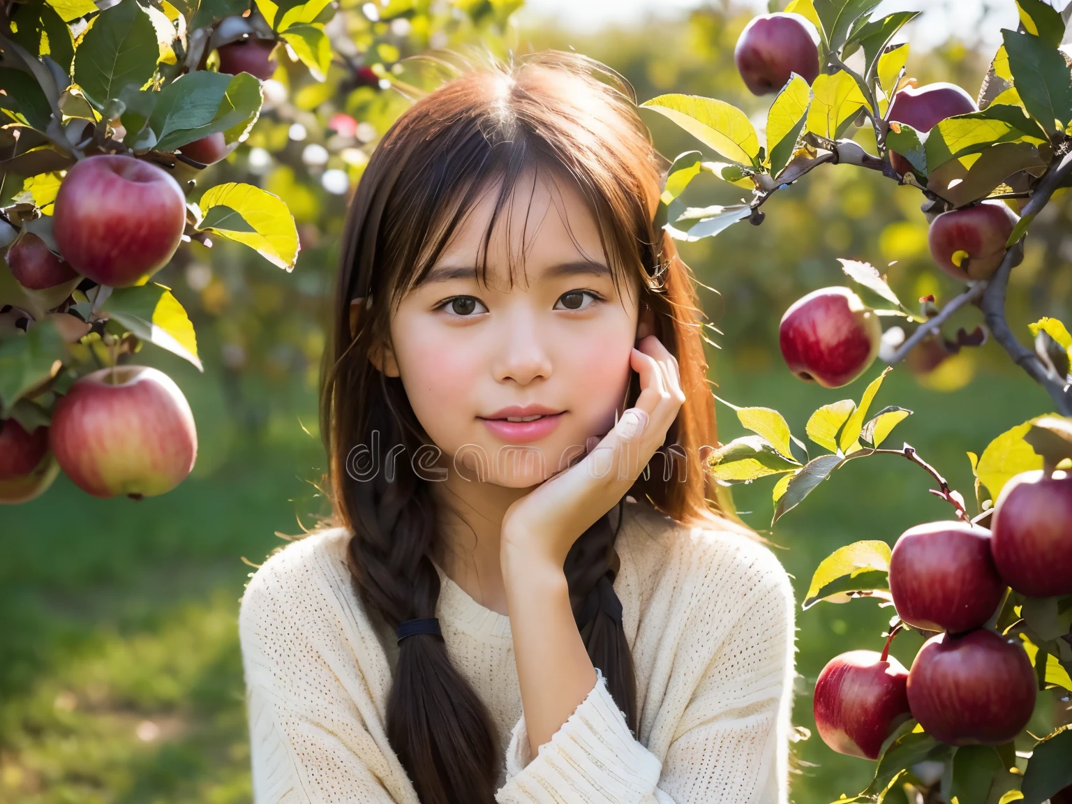 (best quality), (raw photo),(at the apple orchard), young Japanese girl,