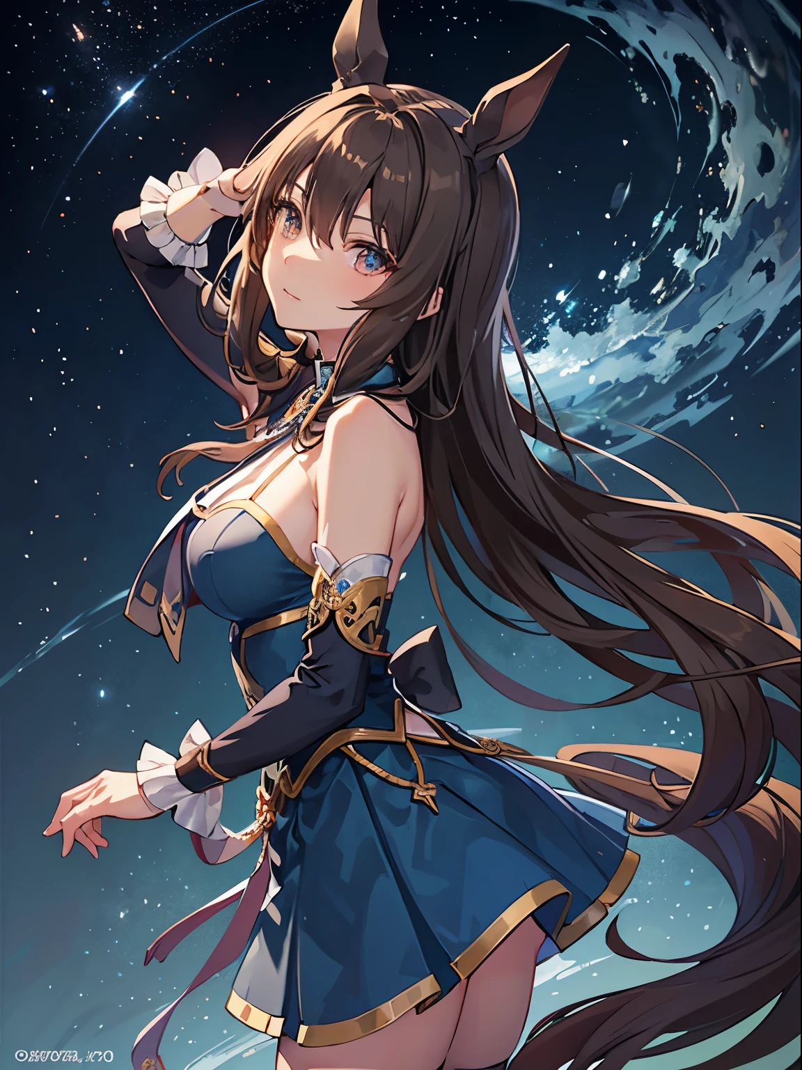 close up of face,diagonal angle., Intricate details, beautiful and delicate eyes, Anime girl with long brown hair and brown eyes is taking a photo, Smooth anime CG art, Admire Vega, detailed digital anime art, Gweiz, sui ishida art manga, Uma Musume, official artwork, pixiv style, detailed anime artwork, artbook artwork, seductive anime girl, sougetsu, detailed anime character art, died、horse ears、Long Blue Backless Dress,naked, I'm taking a photo from the side
