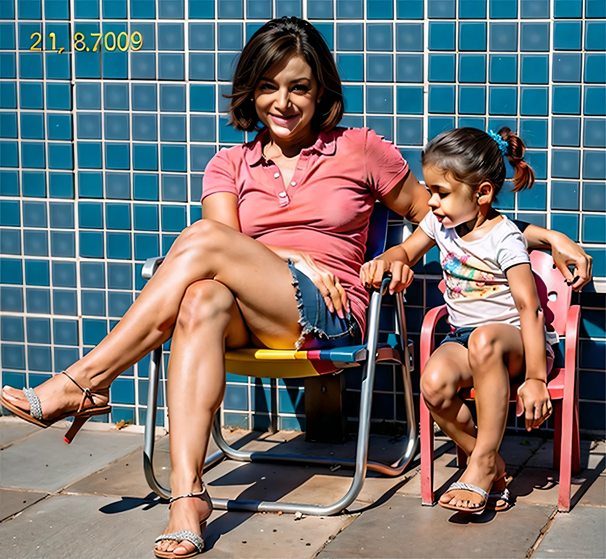 Mulher sentada em cadeiras cor de rosa em frente a uma parede de azulejos azuis. Mulher com pele branca bronzeada e cabelos escuros. Ela tem cerca de 38 anos, olhos castanhos escuros. Corpo fino. cintura fina. corpo perfeito, Your face is the definition of beauty. Altamente realista, Lindo, batom cor de rosa, sorriso, hiperrealismo, pele muito elaborada. foto de corpo inteiro, Limpar foto, alta qualidade, high resolution, obra prima, 8k.