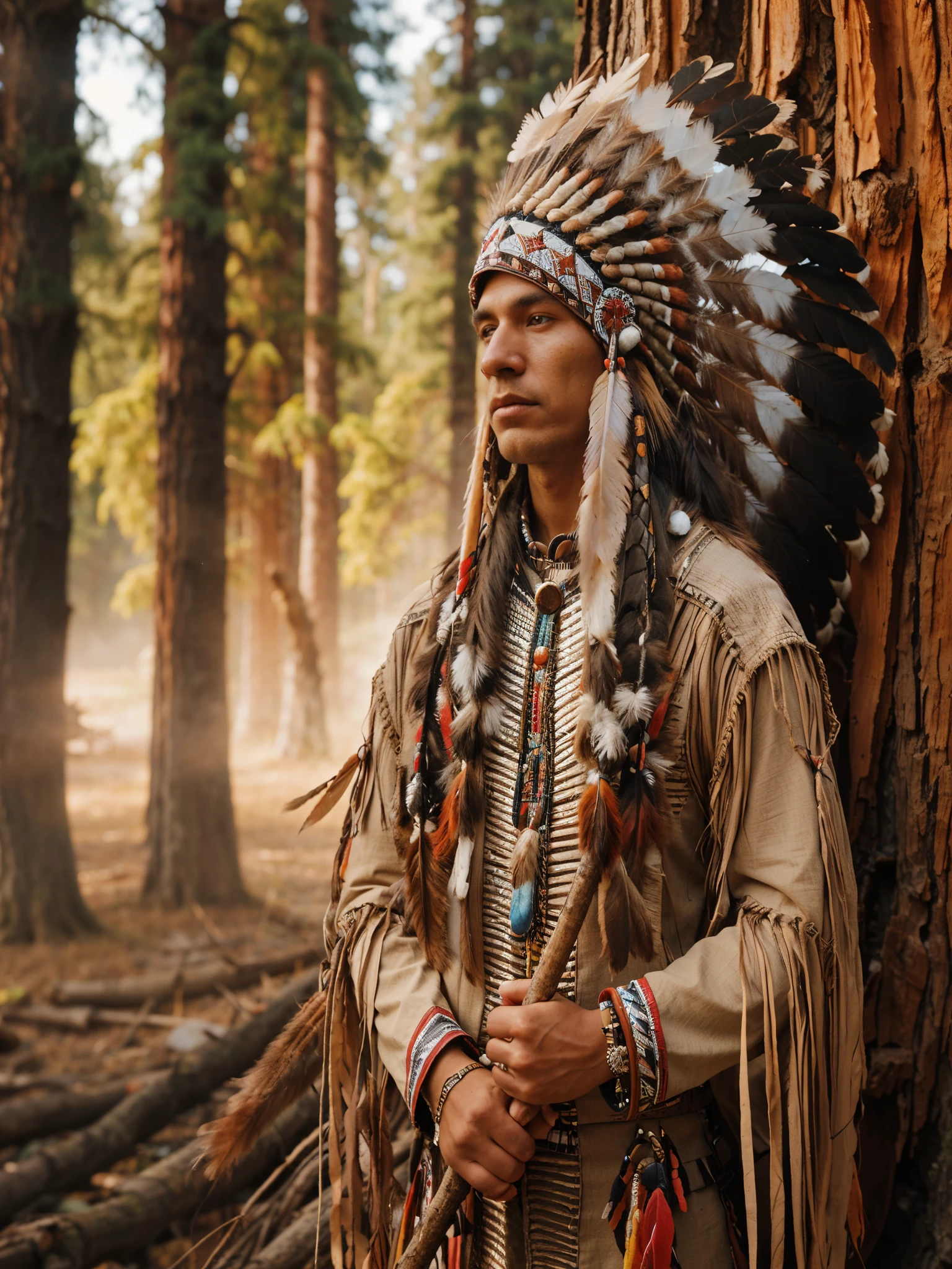 arafed man in native dress standing in front of a tree, a native american warrior, native american warrior, native american, indian warrior, indigenous man, : native american shamen fantasy, american indian headdress, feather native american headgear, indigenous, eagle feather, portrait shot, looking majestic in forest, spirit warrior, native american art, tribal clothing