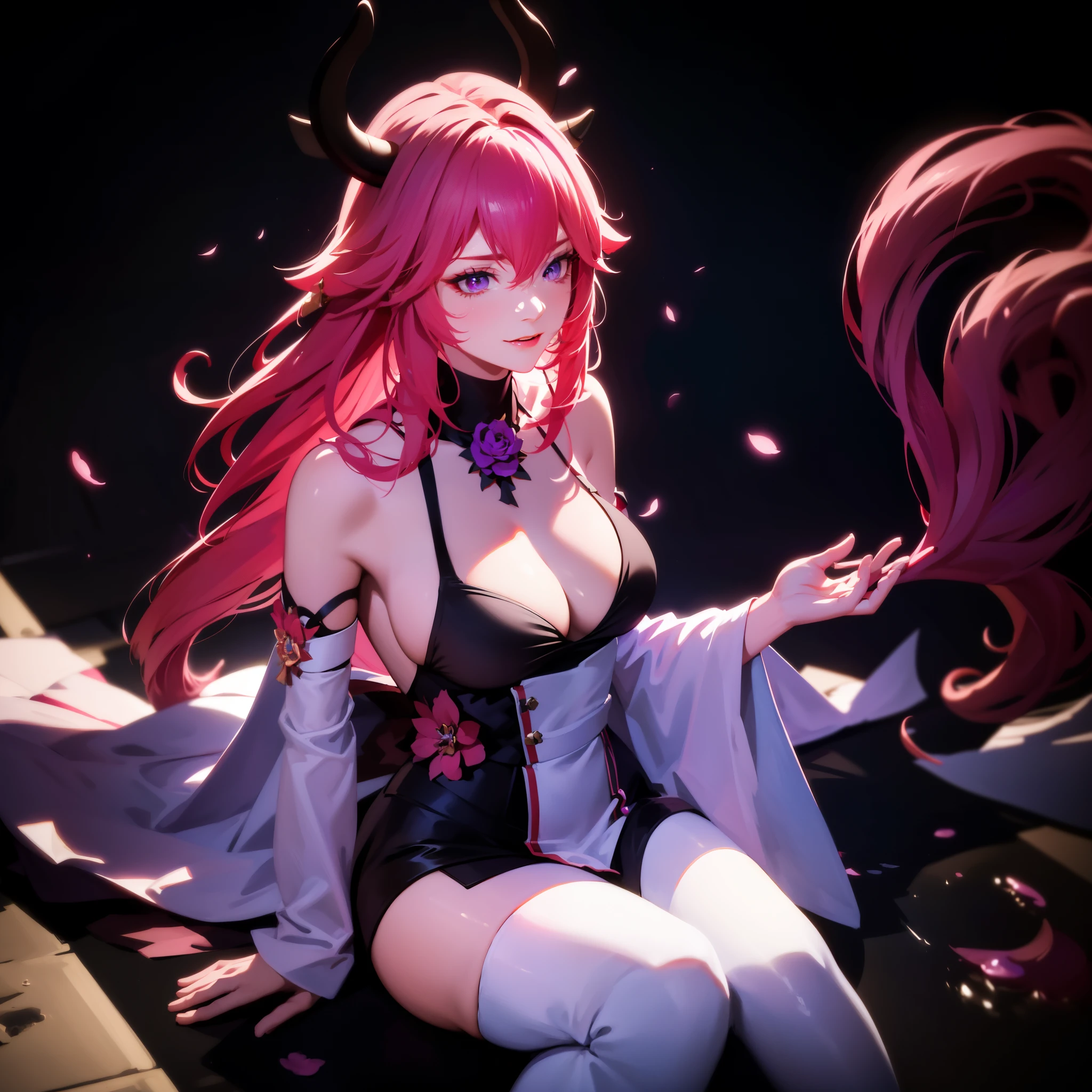 A female milf demon with black Devil's Horn,a beautiful girl,Thin and long legs ((Devil's Horn)), Extremely long rose bouquet, ((pink hair)), devil white eyes, ((white eyes)), Wedding dress, Black background with chains,The floor is made of red liquid, And the evil eyes, Write in real time, sysie HD details, photography, insight, Unique850 4, koda850k portrait camera, Spring F1.6, colorful, Ultra-realistic texture, Spectacular light texture, surreal art, Cinestil 800 Fashion Mechanism,crispy breasts, red hair, ponytail, double tail, very long hair,purple eyes, charming purple eyes, light blush, shadow, Stereo view, vertical painting, atmospheric perspective, Super realism, 8K, Super details, precise, best quality, high resolution, high quality, anatomically correct, masterpiece