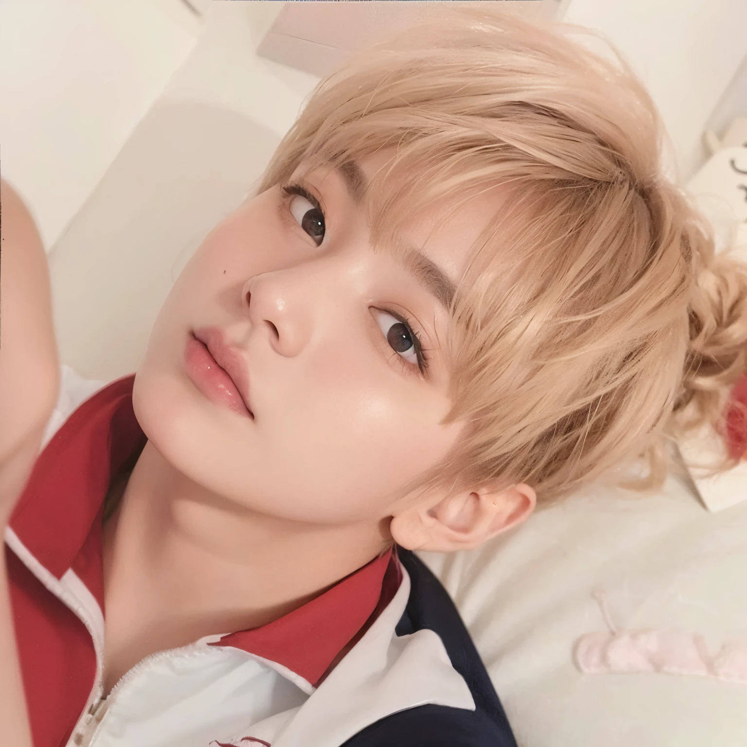 un primer plano de una persona sentada en una cama con una camisa a rayas, jungkook, cai xukun, taehyung comiendo papas fritas gucci, taehyung kim, kpop idol portrait, hyung tae, Con pelo corto, taehyung, inspirado en Kun Can, inspirado en Bian Shoumin, fotos oficiales, jia, TaeJune Kim, kim taehyung, Shinji, diez lee, ulzzang