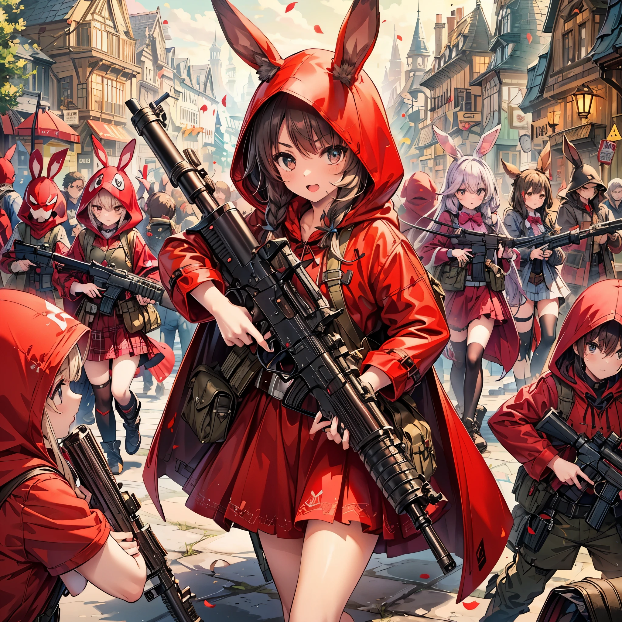 (masterpiece), best quality, fantasy art, many little girls in red hood and dress holding weapon at wonderland, (((everyone wearing red hood))), bunny ears, ammunition belt, gun, machine gun, gatling gun, hand gun,weapons, (red_hood:1.5)