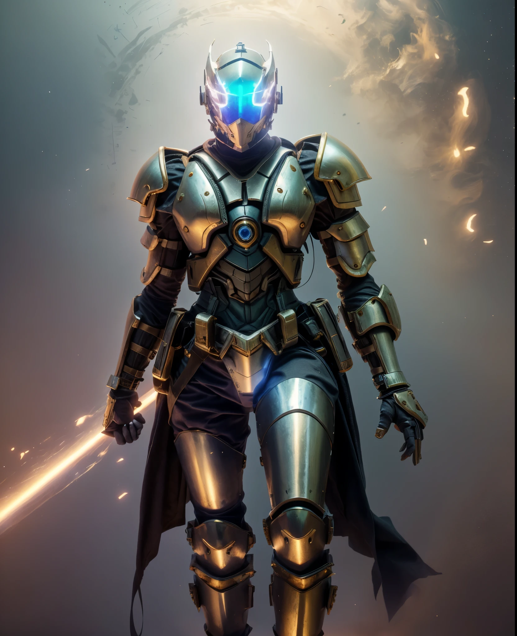 A woman adorned in fantasy-style full-body armor, a crown-concept fully enclosed helmet that unveils only her eyes, a composite layered chest plate, fully encompassing shoulder and hand guards, a lightweight waist armor, form-fitting shin guards, the overall design is heavy-duty yet flexible, the armor gleams with a golden glow, complemented by red and blue accents, exhibiting a noble aura, she floats above a fantasy-surreal high-tech city, this character embodies a finely crafted fantasy-surreal style armored hero in anime style, exquisite and mature manga art style, goddess, femminine, long legs, metallic, elegant, high definition, best quality, highres, ultra-detailed, ultra-fine painting, extremely delicate, professional, anatomically correct, symmetrical face, extremely detailed eyes and face, high quality eyes, creativity, RAW photo, UHD, 32k, Natural light, cinematic lighting, masterpiece-anatomy-perfect, masterpiece:1.5