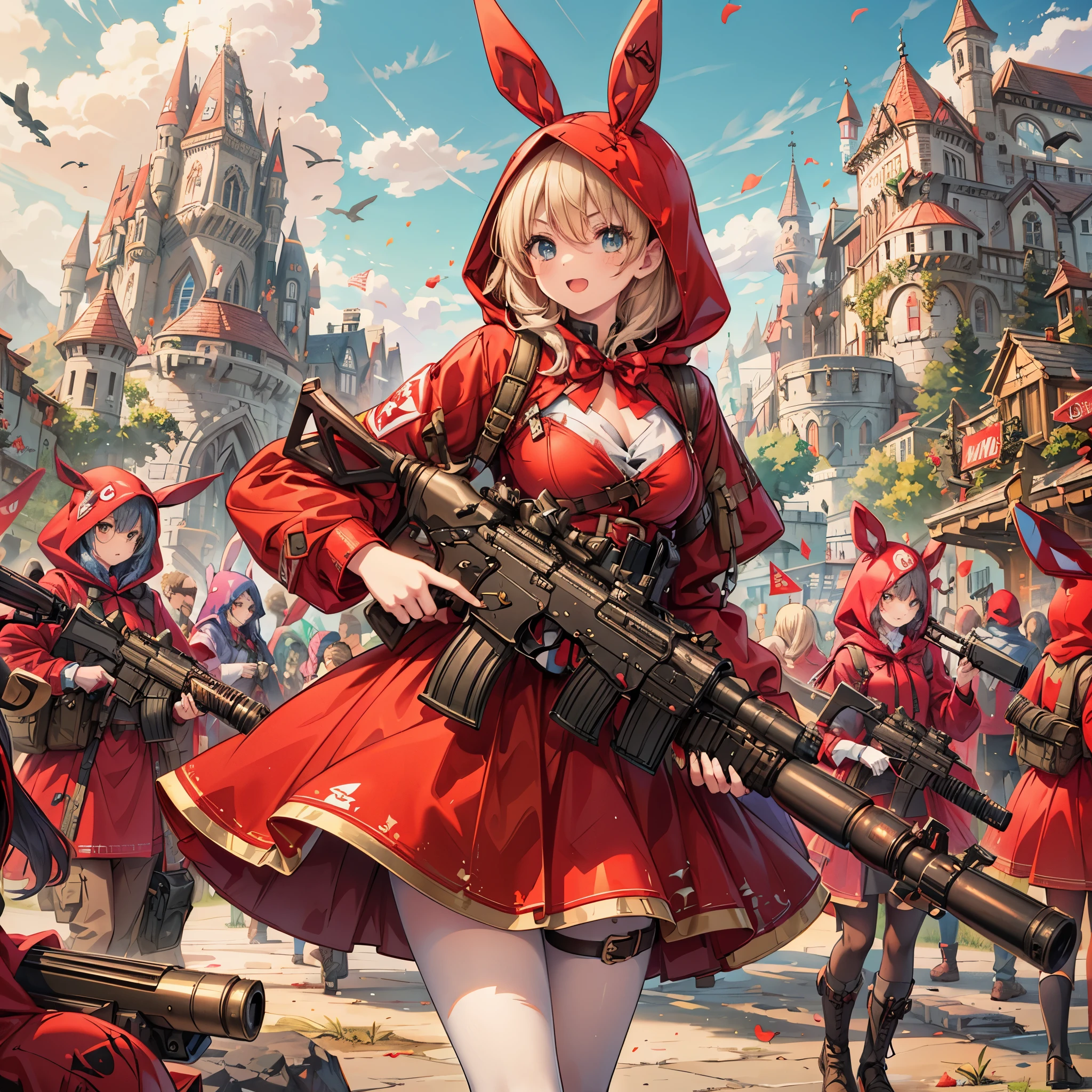 (masterpiece), best quality, fantasy art, many ****** girls in red hood and dress holding weapon at wonderland, (((everyone wearing red hood))), bunny ears, ammunition belt, gun, machine gun, gatling gun, hand gun,weapons, (red_hood:1.5)