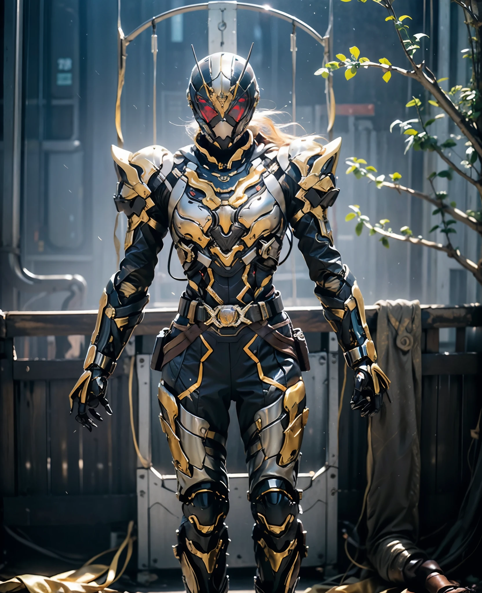 A woman adorned in fantasy-style full-body armor, a crown-concept fully enclosed helmet that unveils only her eyes, a composite layered chest plate, fully encompassing shoulder and hand guards, a lightweight waist armor, form-fitting shin guards, the overall design is heavy-duty yet flexible, the armor gleams with a golden glow, complemented by red and blue accents, exhibiting a noble aura, she floats above a fantasy-surreal high-tech city, this character embodies a finely crafted fantasy-surreal style armored hero in anime style, exquisite and mature manga art style, goddess, femminine, long legs, metallic, elegant, high definition, best quality, highres, ultra-detailed, ultra-fine painting, extremely delicate, professional, anatomically correct, symmetrical face, extremely detailed eyes and face, high quality eyes, creativity, RAW photo, UHD, 32k, Natural light, cinematic lighting, masterpiece-anatomy-perfect, masterpiece:1.5