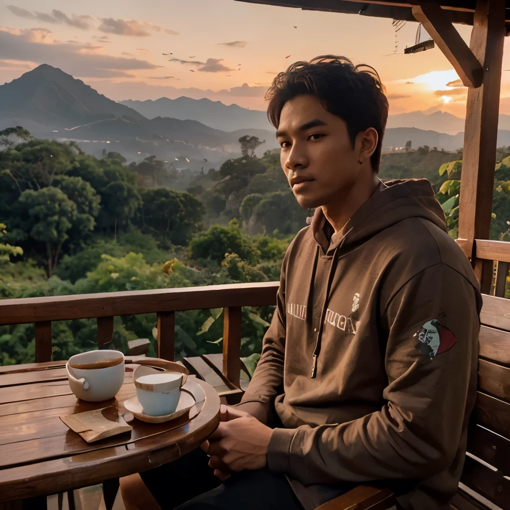 Craft a mesmerizing scene in super HD quality, portraying a 25-year-old Indonesian hansome man,wearing a black hoodie with "DARA" written in aesthetic font. He's seated on a treehouse porch, enjoying a cup of coffee on a wooden table against the backdrop of breathtaking mountains, waterfalls, and flocks of birds fluttering and perching on trees under the warm glow of the reddish sunset.