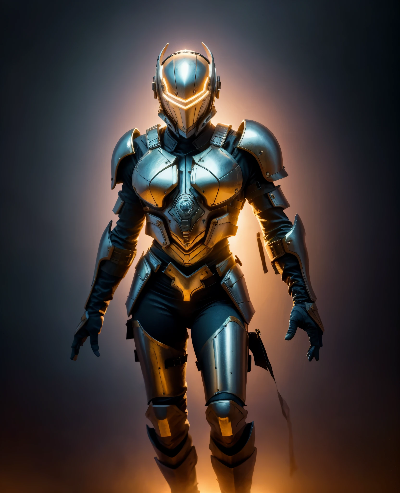 A woman adorned in fantasy-style full-body armor, a crown-concept fully enclosed helmet that unveils only her eyes, a composite layered chest plate, fully encompassing shoulder and hand guards, a lightweight waist armor, form-fitting shin guards, the overall design is heavy-duty yet flexible, the armor gleams with a golden glow, complemented by red and blue accents, exhibiting a noble aura, she floats above a fantasy-surreal high-tech city, this character embodies a finely crafted fantasy-surreal style armored hero in anime style, exquisite and mature manga art style, goddess, femminine, long legs, metallic, elegant, high definition, best quality, highres, ultra-detailed, ultra-fine painting, extremely delicate, professional, anatomically correct, symmetrical face, extremely detailed eyes and face, high quality eyes, creativity, RAW photo, UHD, 32k, Natural light, cinematic lighting, masterpiece-anatomy-perfect, masterpiece:1.5