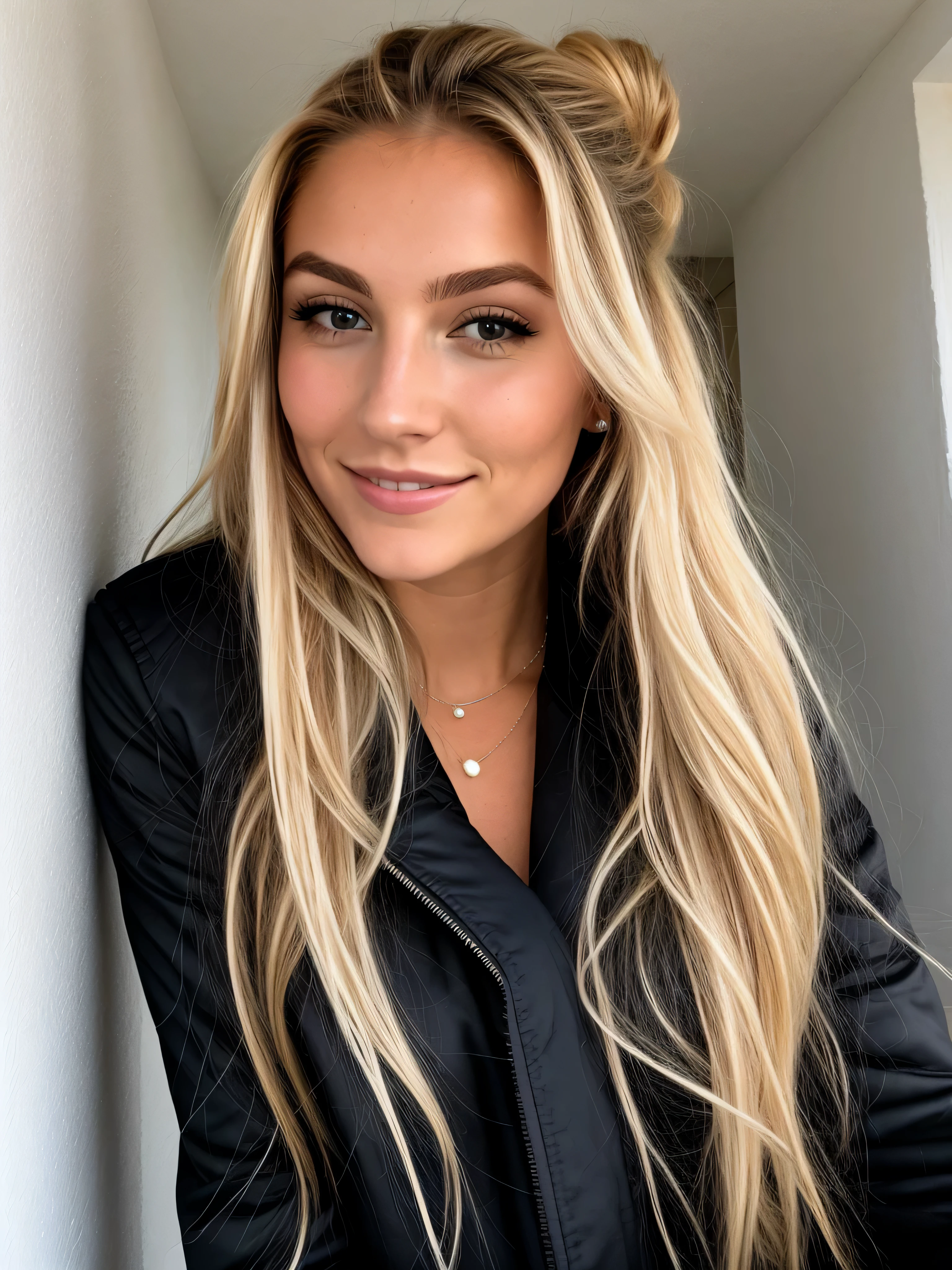 une femme souriante blonde de 23 ans fais un selfie en extérieur à la mer, on voit la mer en arrière plan, la mer couvre tout l'arrière plan, temps un peu nuageux ombres douces, photoréalisme, Cheveux blonds avec des racines châtain clair, cheveux blond, Cheveux avec des racines brunes, cheveux en queue de cheval ,cheveux attachés derrière la tête formant une queue de cheval, cheveux attachés, yeux bleus, belle femme, vue de face, très gros plan sur le visage, zoom sur le visage, un blouson d'hiver noir, haute qualité, selfie