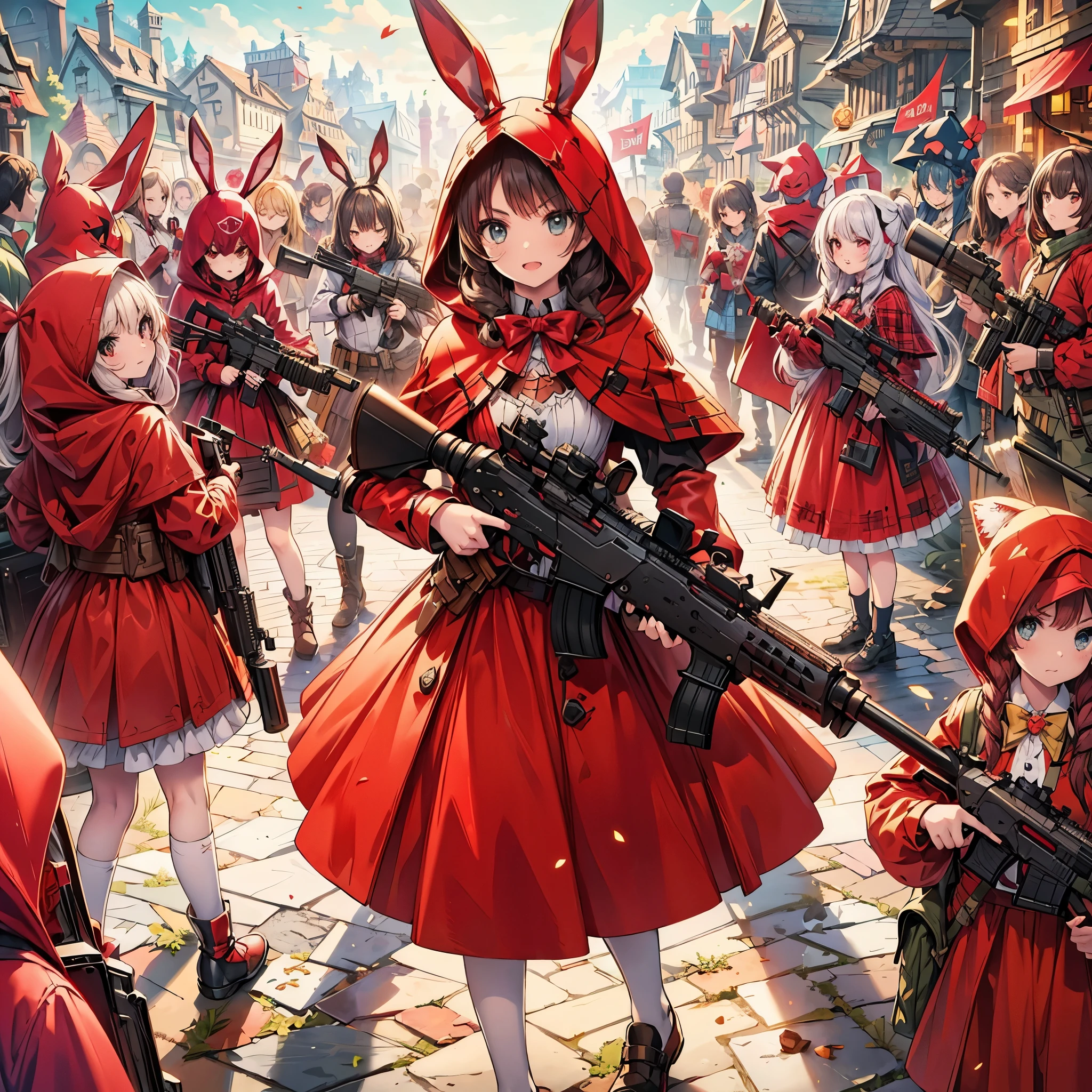 (masterpiece), best quality, fantasy art, many little girls in red hood and dress holding weapon at wonderland, (((everyone wearing red hood))), bunny ears, ammunition belt, gun, machine gun, gatling gun, hand gun,weapons, (red_hood:1.5)